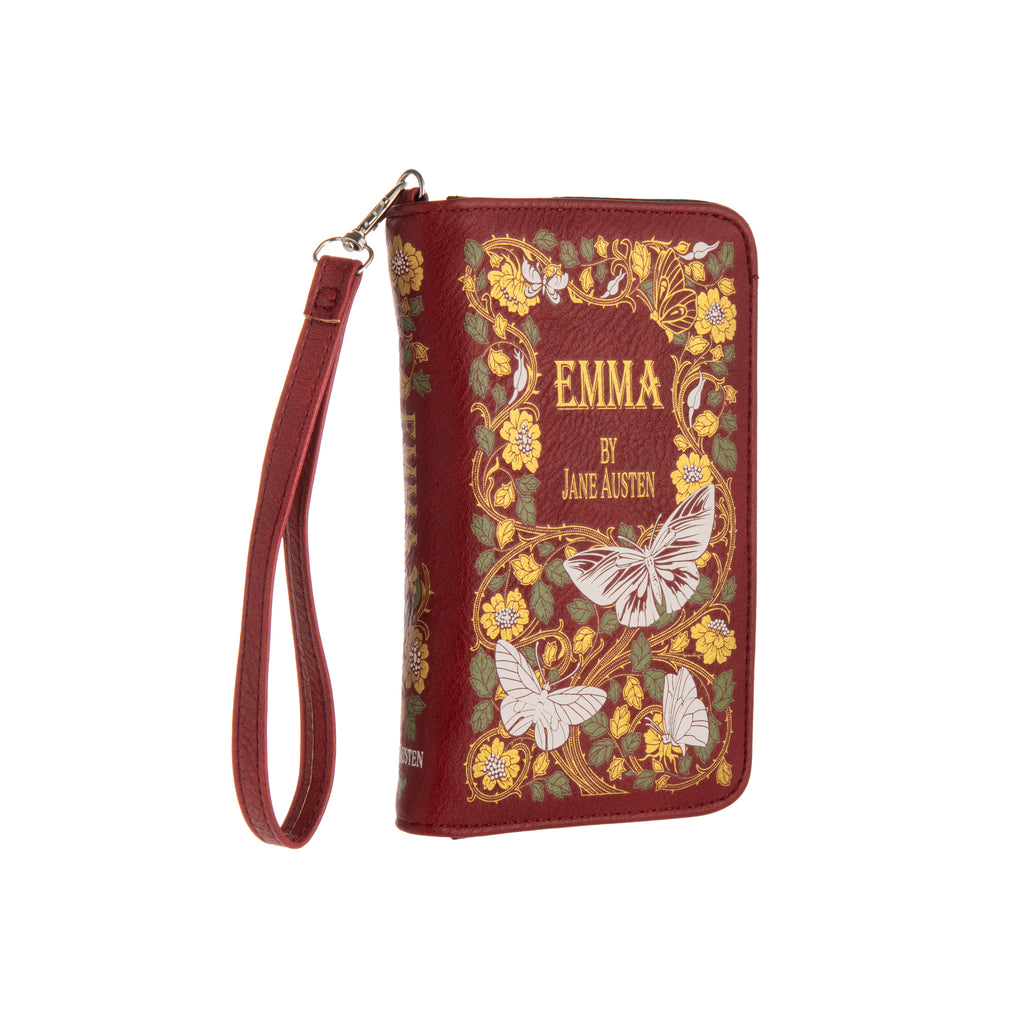 Live your best, most fanciful Regency-era life with this wallet inspired by literary classic Emma by Jane Austen. The wallet comes in a romantic rosy, red color with a floral and butterfly pattern, with gold metallic accents. Features two interior pockets, one zippered pocket, nine card slots, an ID card window, as well as a button clasp closure and a detachable wrist strap of 8". Dimensions: Approx. 5"L x 1.5"W x 8"H Material: Vegan 