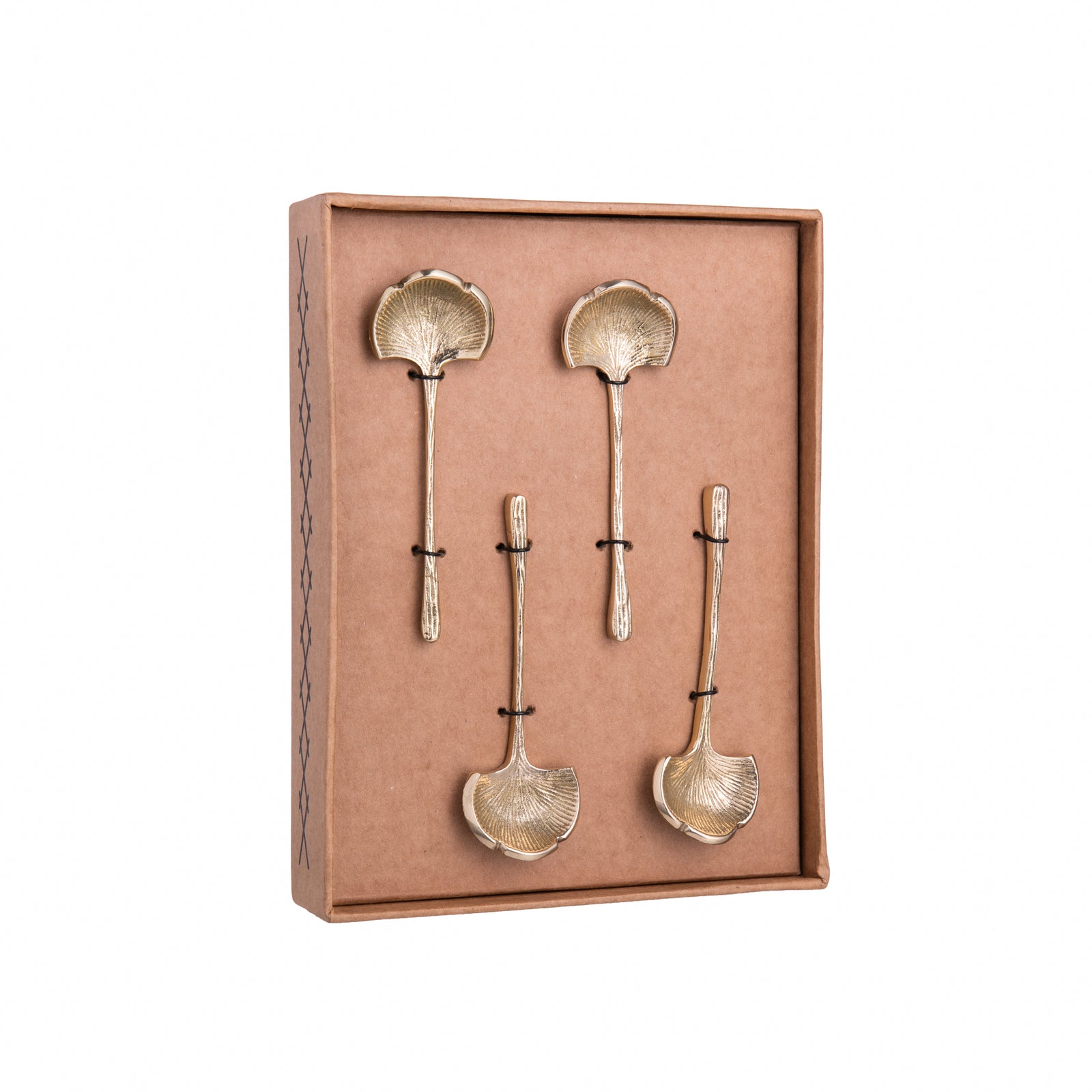 Moving effortlessly from a casual cheese tray to a more formal table setting, this beautiful brass, Ginkgo leaf- shaped spoon set is at the same time stylish, whilst also practical and timeless. Great for condiments, jams, sugar, ice-cream cups and more. Set of four spoons. 100% Brass.  Dishwasher safe. 1.25" x 3.75".