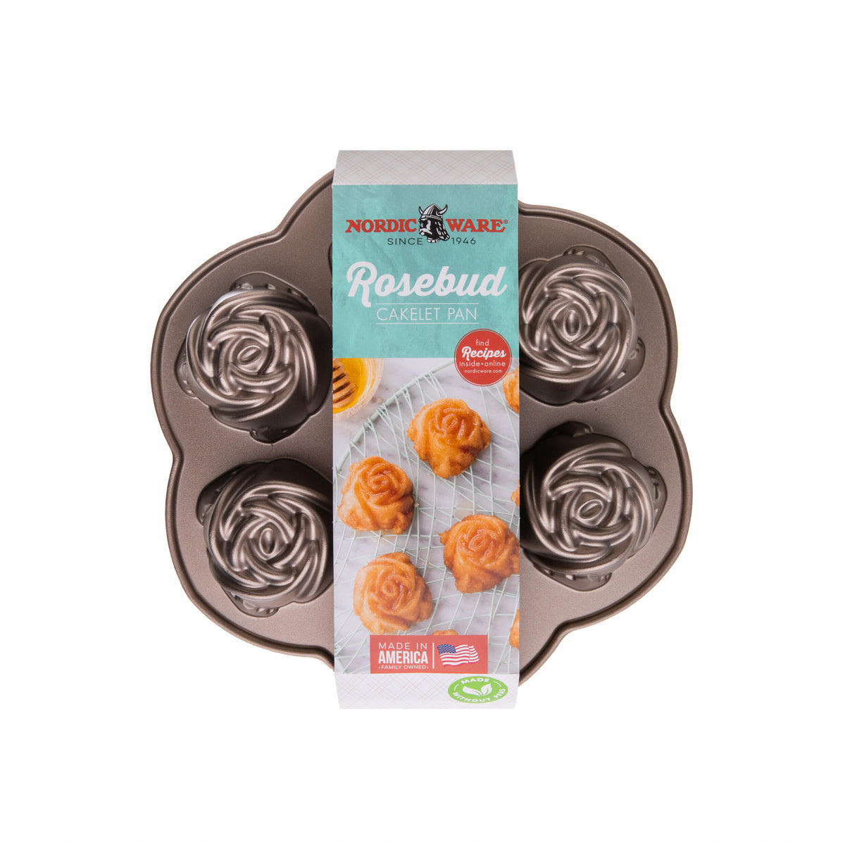Baking pan with rose motif on a white background.
