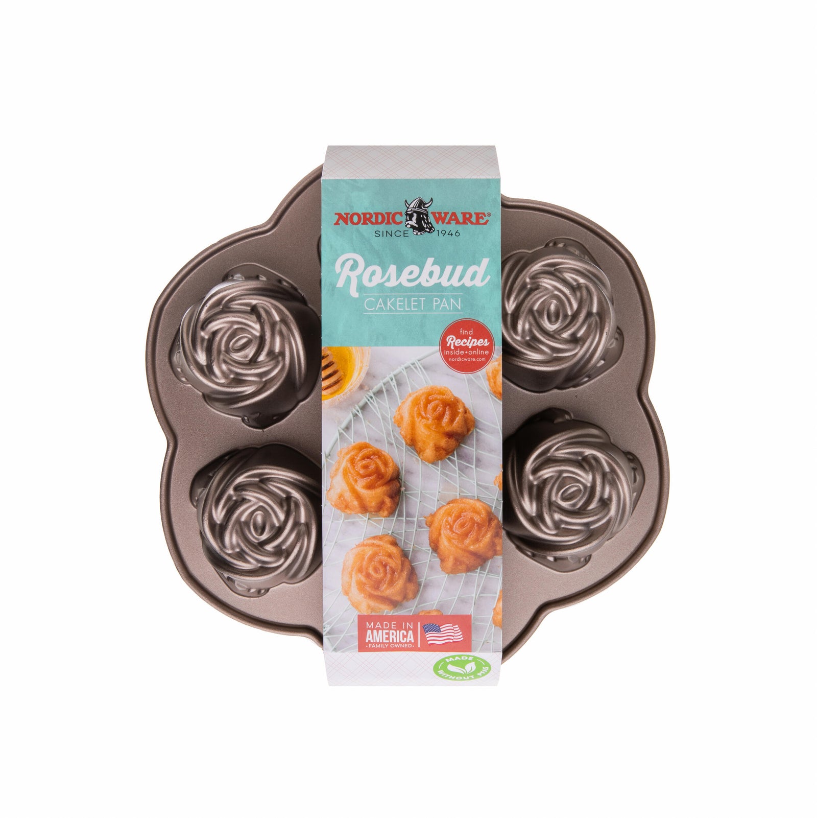 Baking pan with rose motif on a white background.