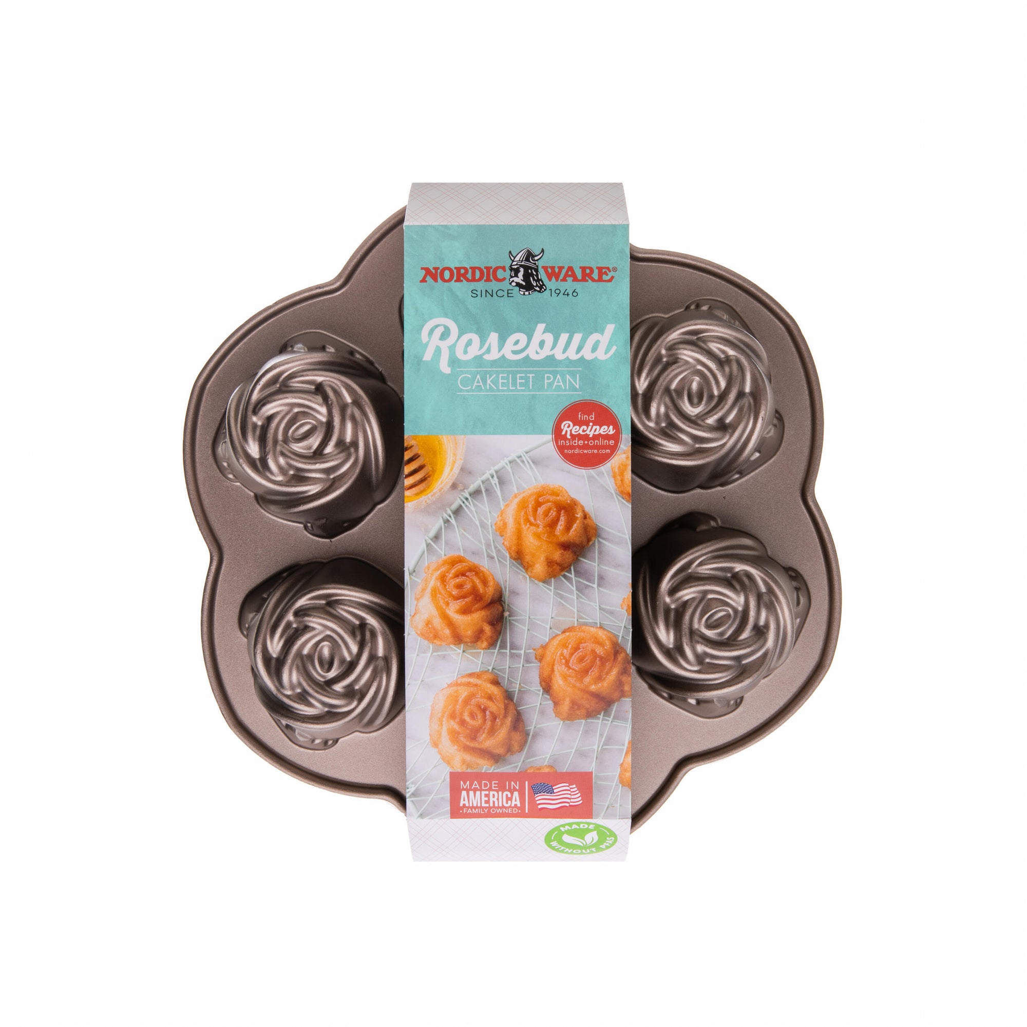 Baking pan with rose motif on a white background.