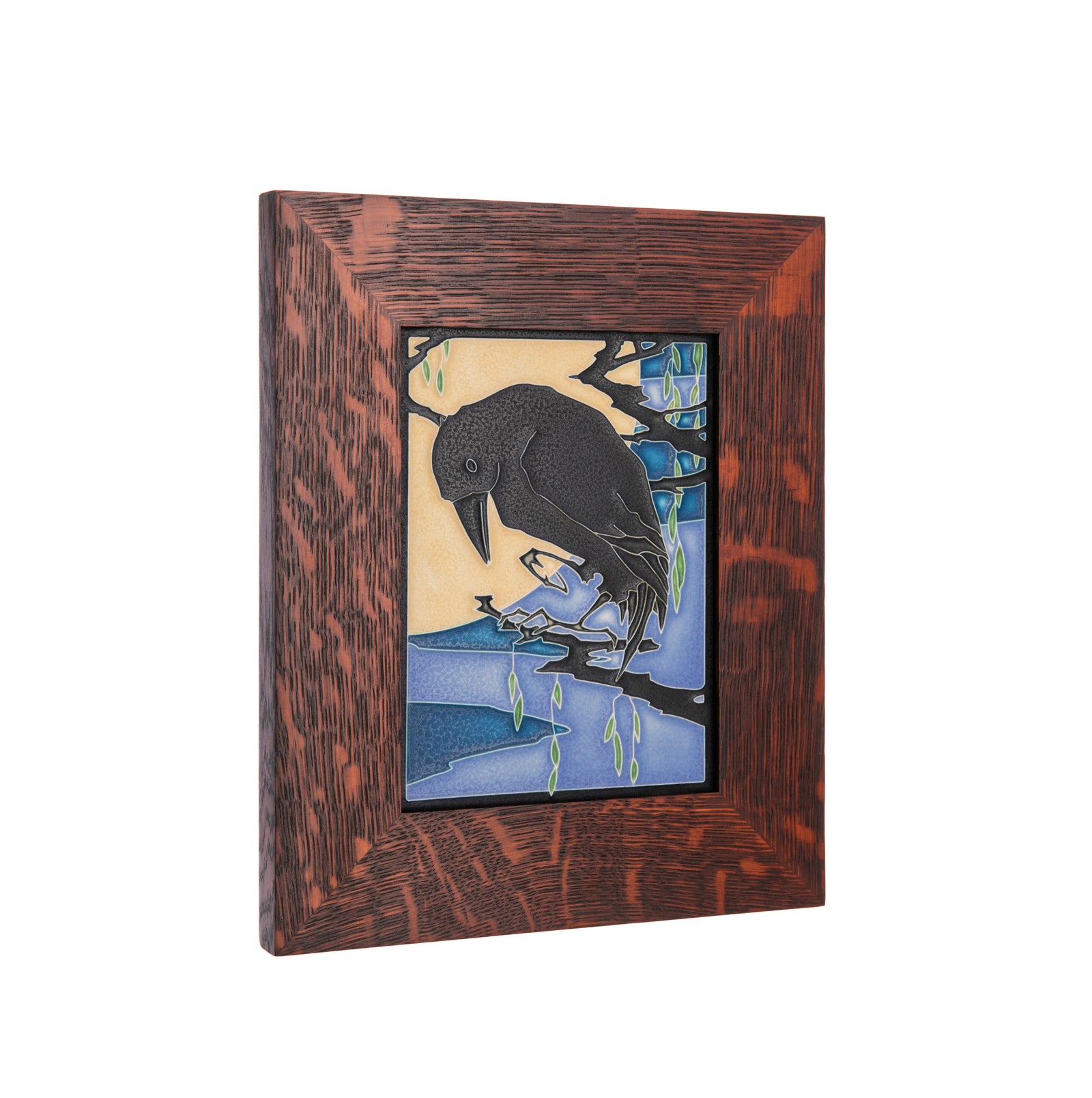 Artist Yoshiko Yamamoto is a self-taught block printmaker who strives always to fuse Japanese design sensibility with fine craftsmanship. In this collaboration with Motawi Tile Works, Yamamoto draws on her fascination with the dramatic black raven to create a striking, oak framed art piece.  9" x 11" x 3/4" T.