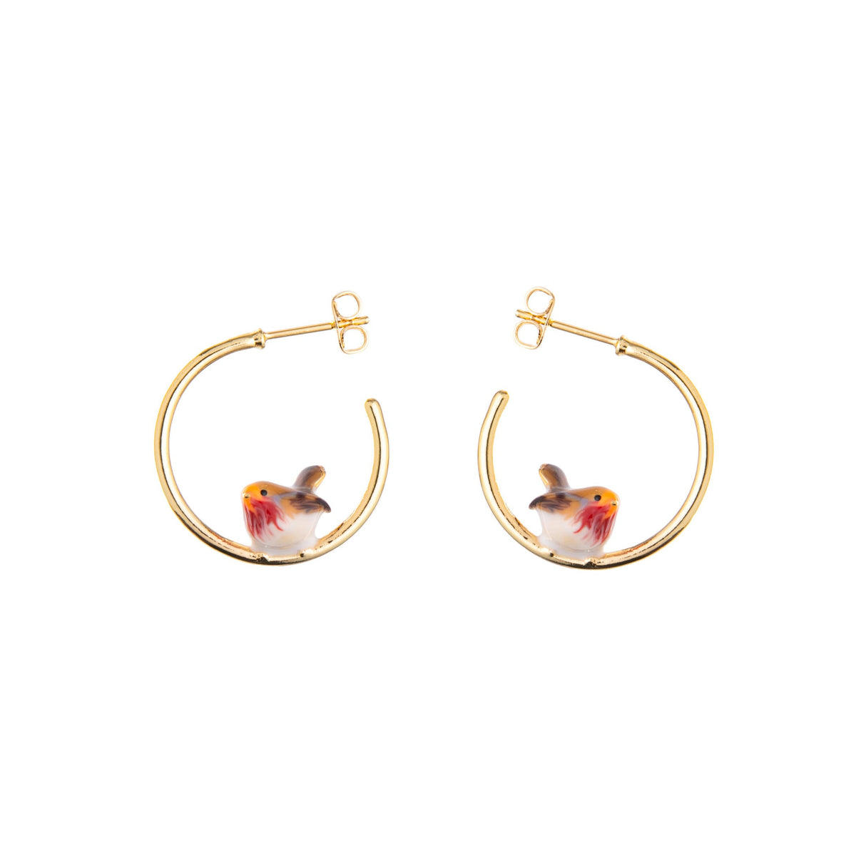 Gold hoop earrings with a small enamel robin at the bottom of the hoop, on a white background.
