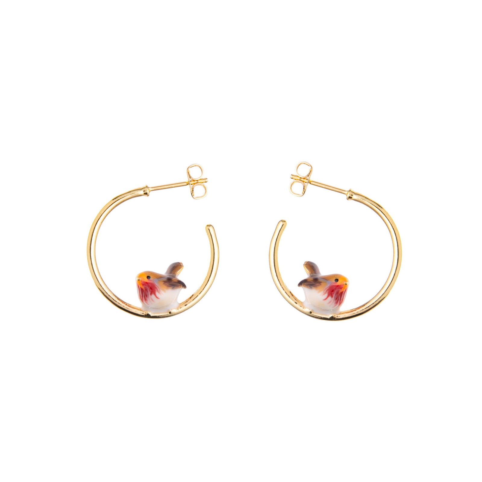 Gold hoop earrings with a small enamel robin at the bottom of the hoop, on a white background.