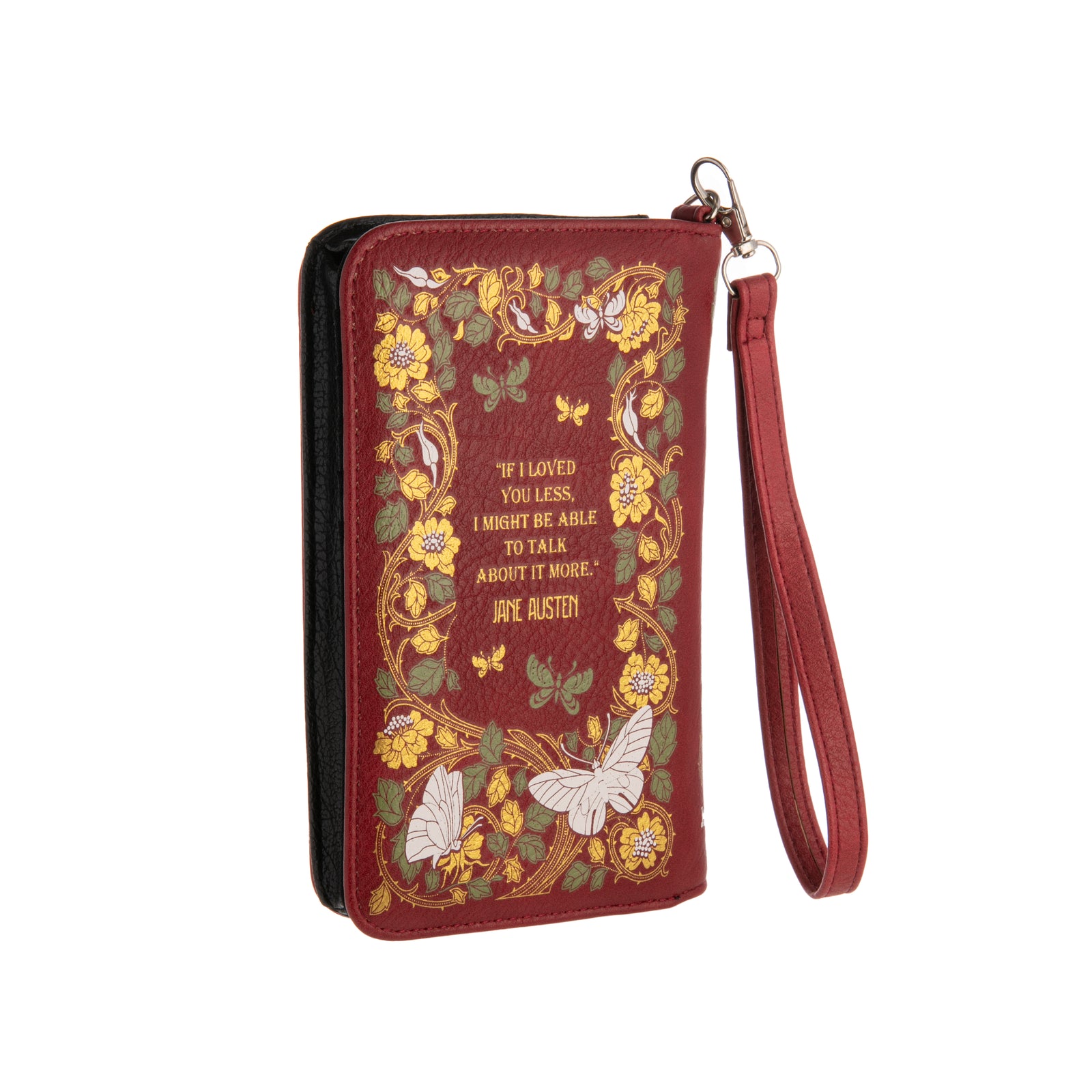 Live your best, most fanciful Regency-era life with this wallet inspired by literary classic Emma by Jane Austen. The wallet comes in a romantic rosy, red color with a floral and butterfly pattern, with gold metallic accents. Features two interior pockets, one zippered pocket, nine card slots, an ID card window, as well as a button clasp closure and a detachable wrist strap of 8". Dimensions: Approx. 5"L x 1.5"W x 8"H Material: Vegan 