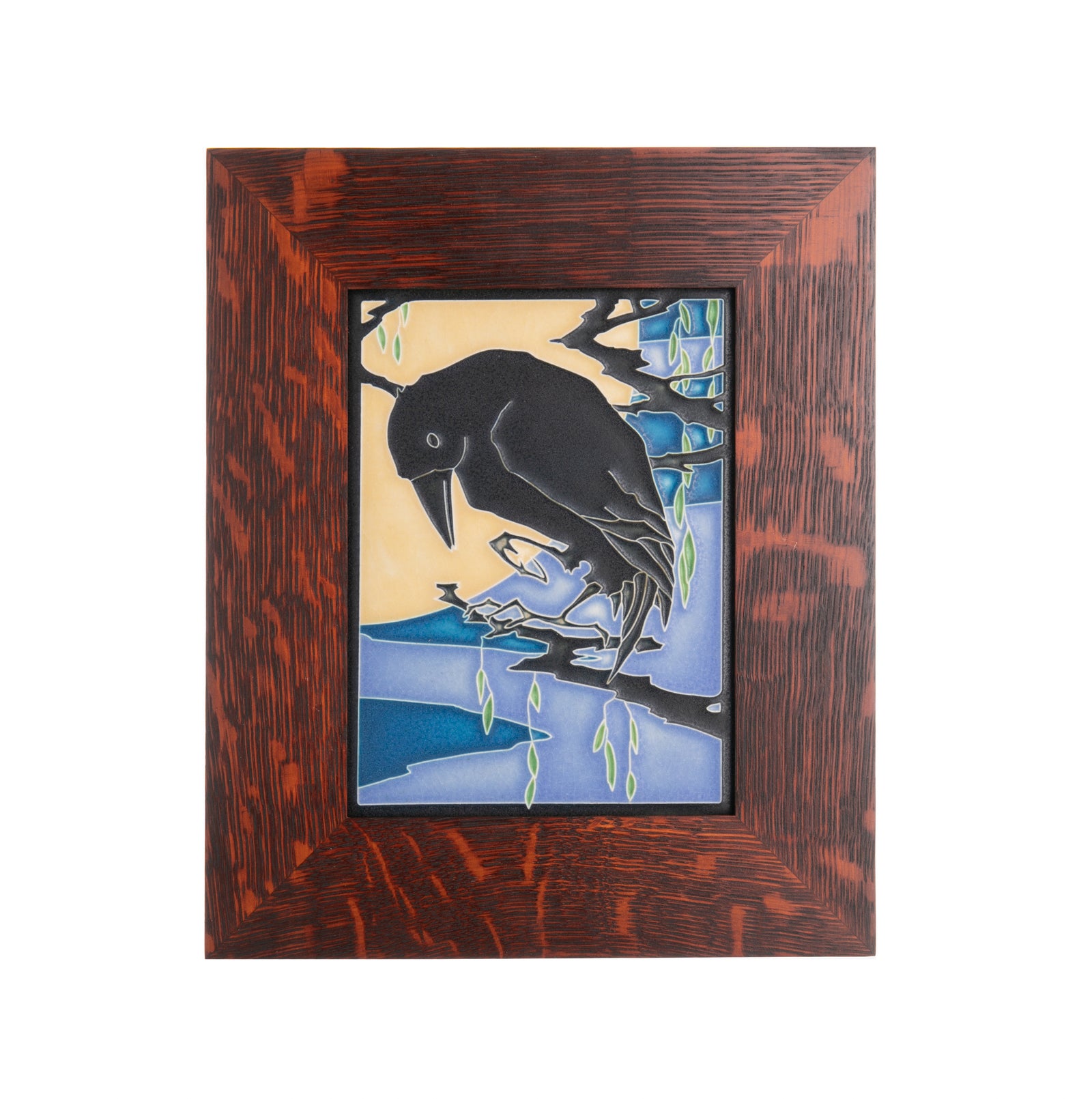 Artist Yoshiko Yamamoto is a self-taught block printmaker who strives always to fuse Japanese design sensibility with fine craftsmanship. In this collaboration with Motawi Tile Works, Yamamoto draws on her fascination with the dramatic black raven to create a striking, oak framed art piece.  9" x 11" x 3/4" T.