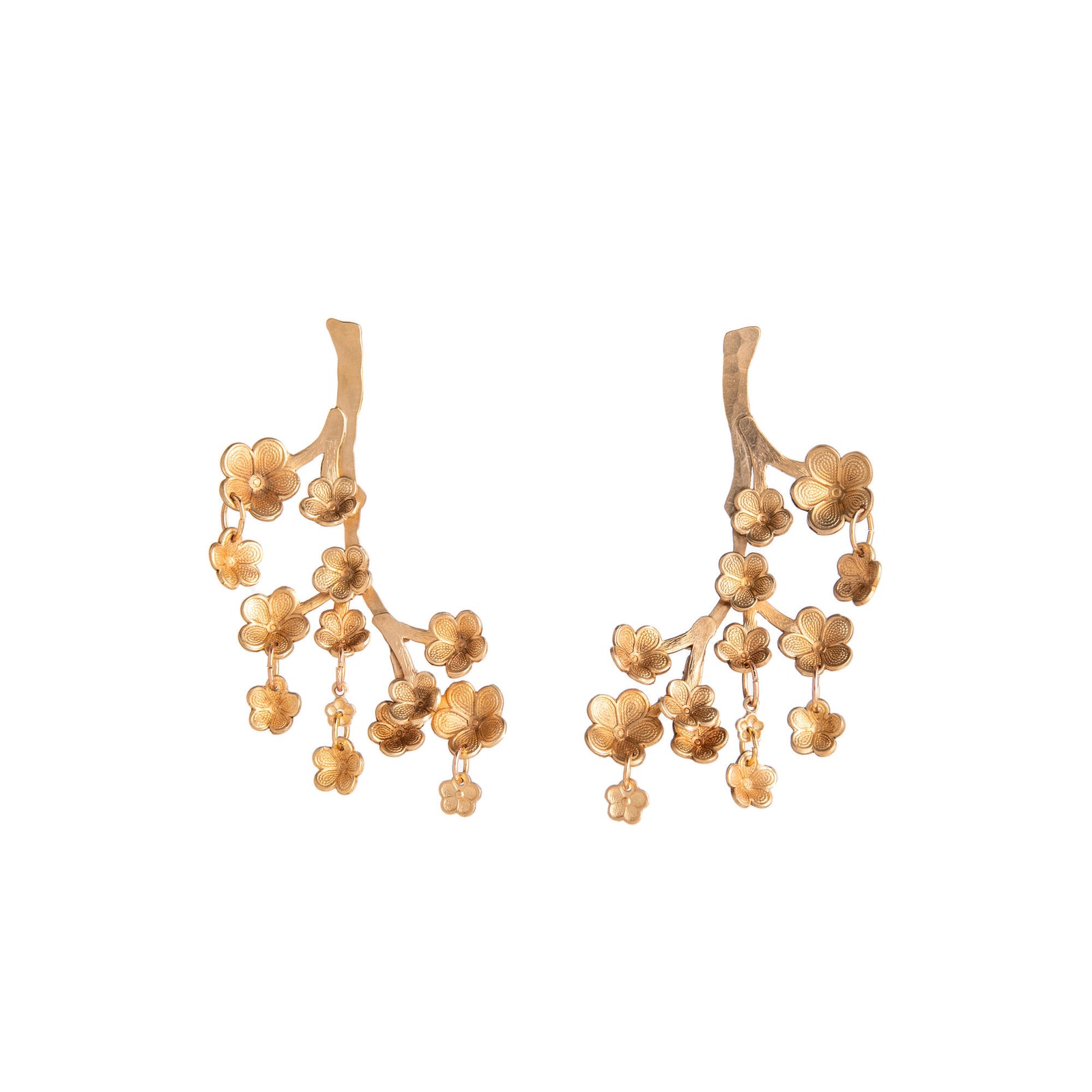 Featuring intricately crafted brass cherry blossom flowers that gracefully dangle, they reflect the elegance and renewal symbolized by these blooms. 