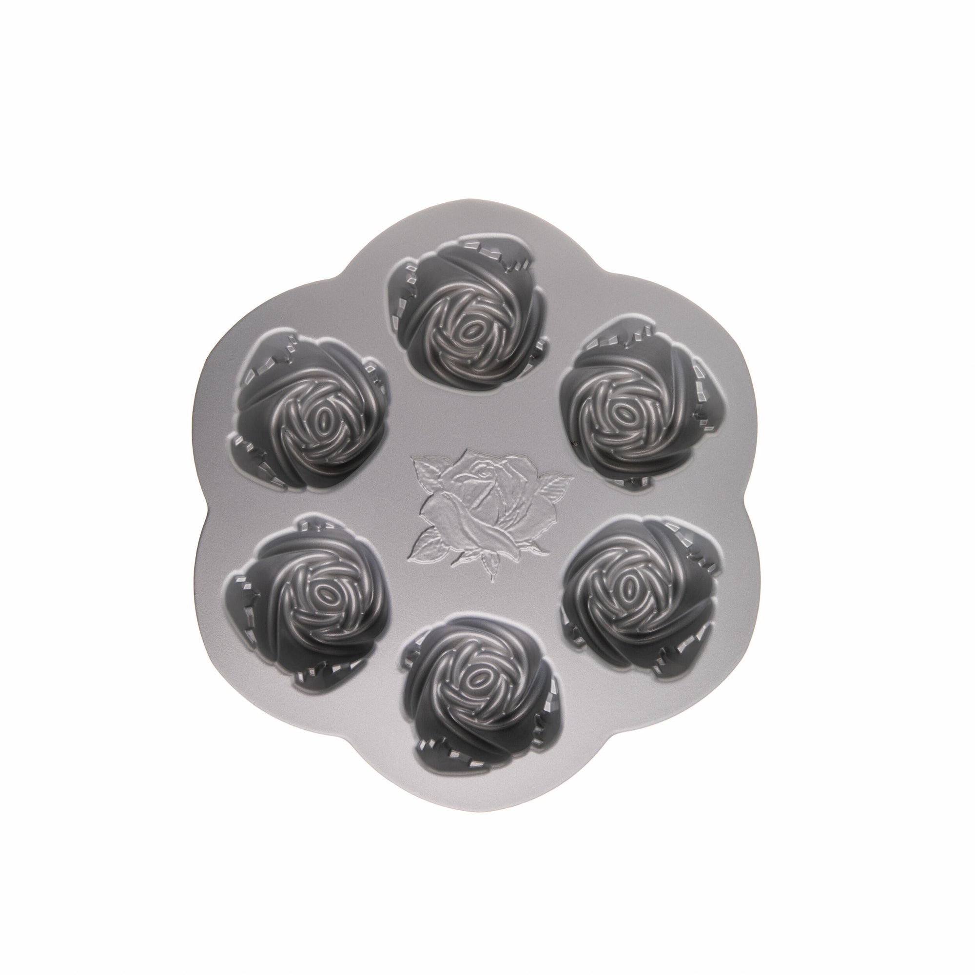 Baking pan with rose motif on a white background.