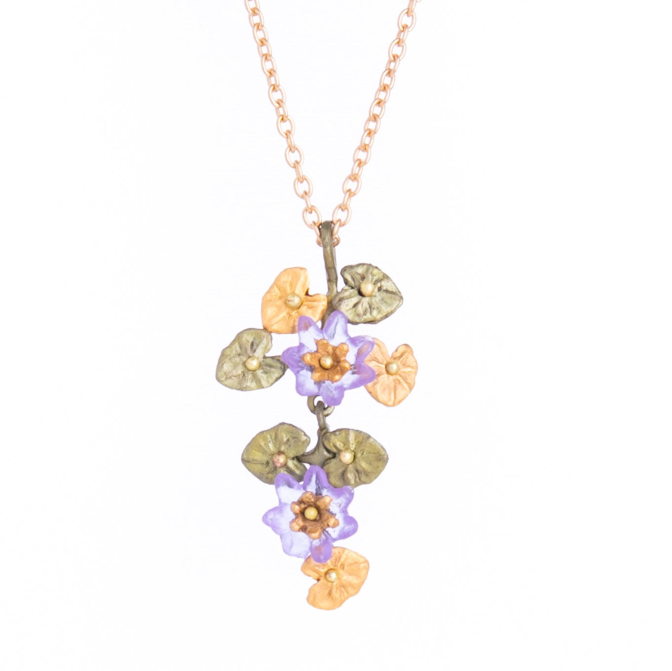 Inspired by Claude Monet's depictions of his lily pond in Giverny, France, this delicate and detailed necklace is made from cast bronze, with a 24k gold finish. Cast bronze with a 24k gold finish. Cast glass accents. Handmade in the USA by designer Michael Michaud.