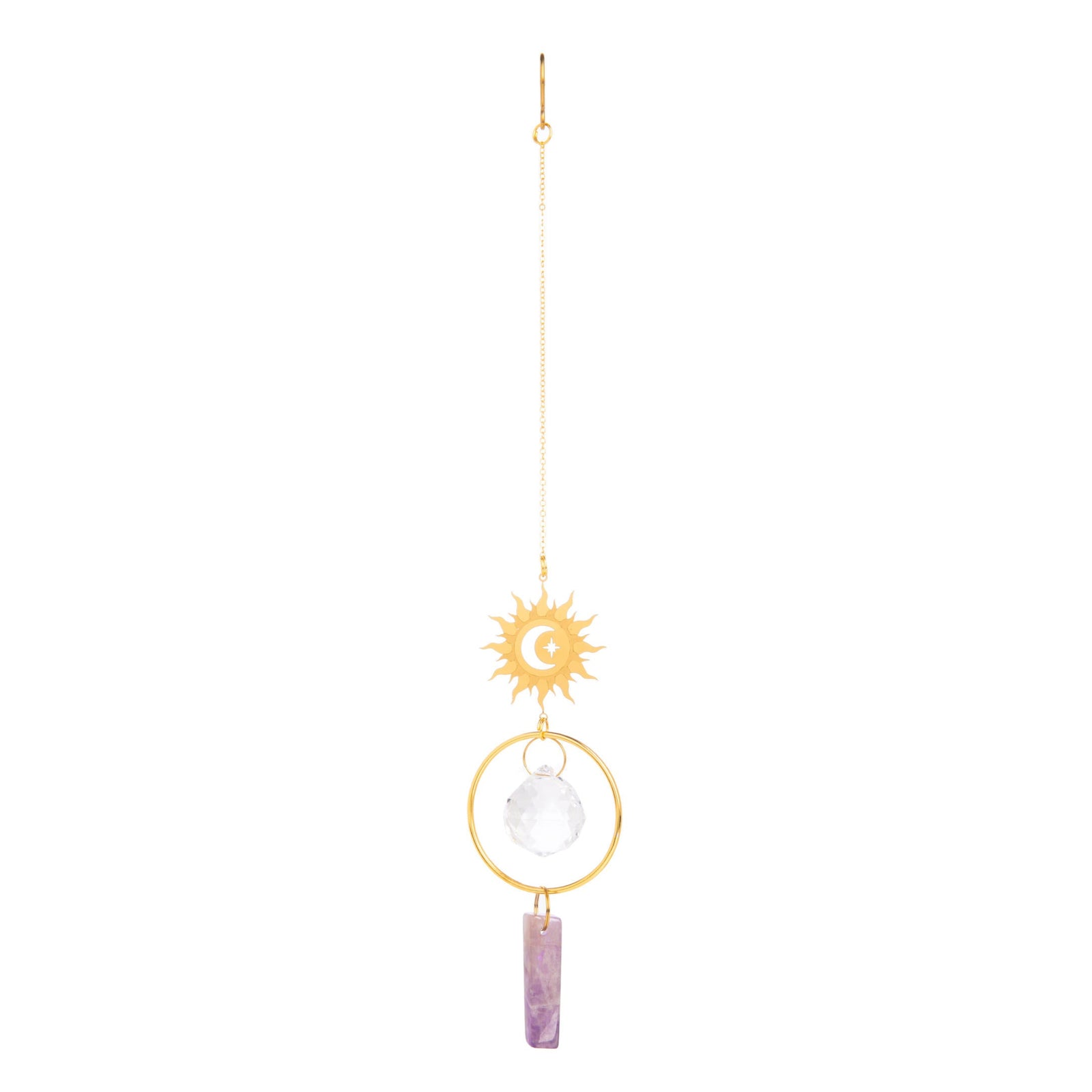 Decorative hanging crystal with sun design on a white background