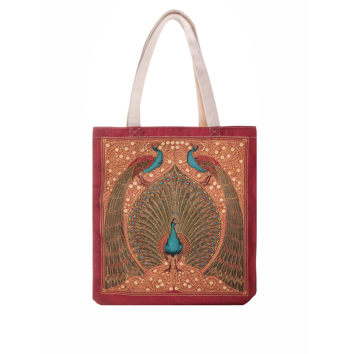 Tote bag with peacock design on a white background