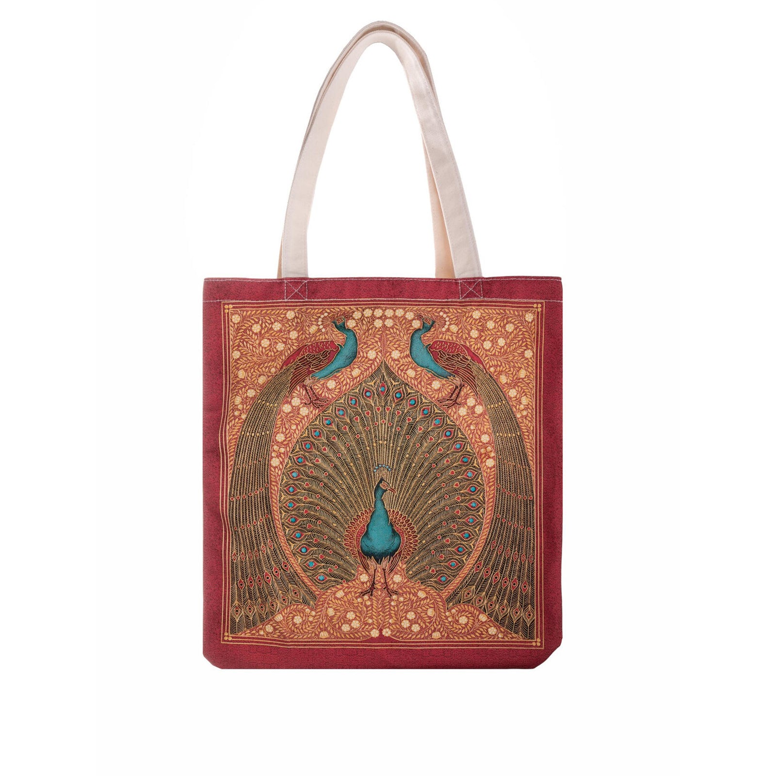 Tote bag with peacock design on a white background