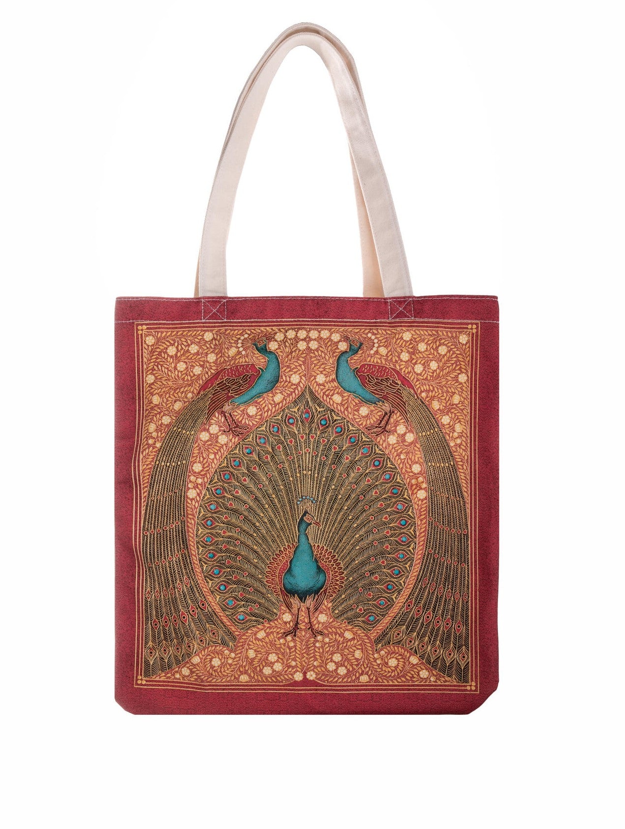 This gorgeously opulent cotton canvas tote bag features a stunning reproduction of British bindery Sangorski & Sutcliffe's ca.1875 cover for a collection of poems by the celebrated 14th-century Persian poet Háfiz̤ of Shíráz. The original bookbinding, a rare copy of which is housed in The Huntington's library collection, is made of Moroccan red leather and embellished with opals, pearls, and gold leaf.