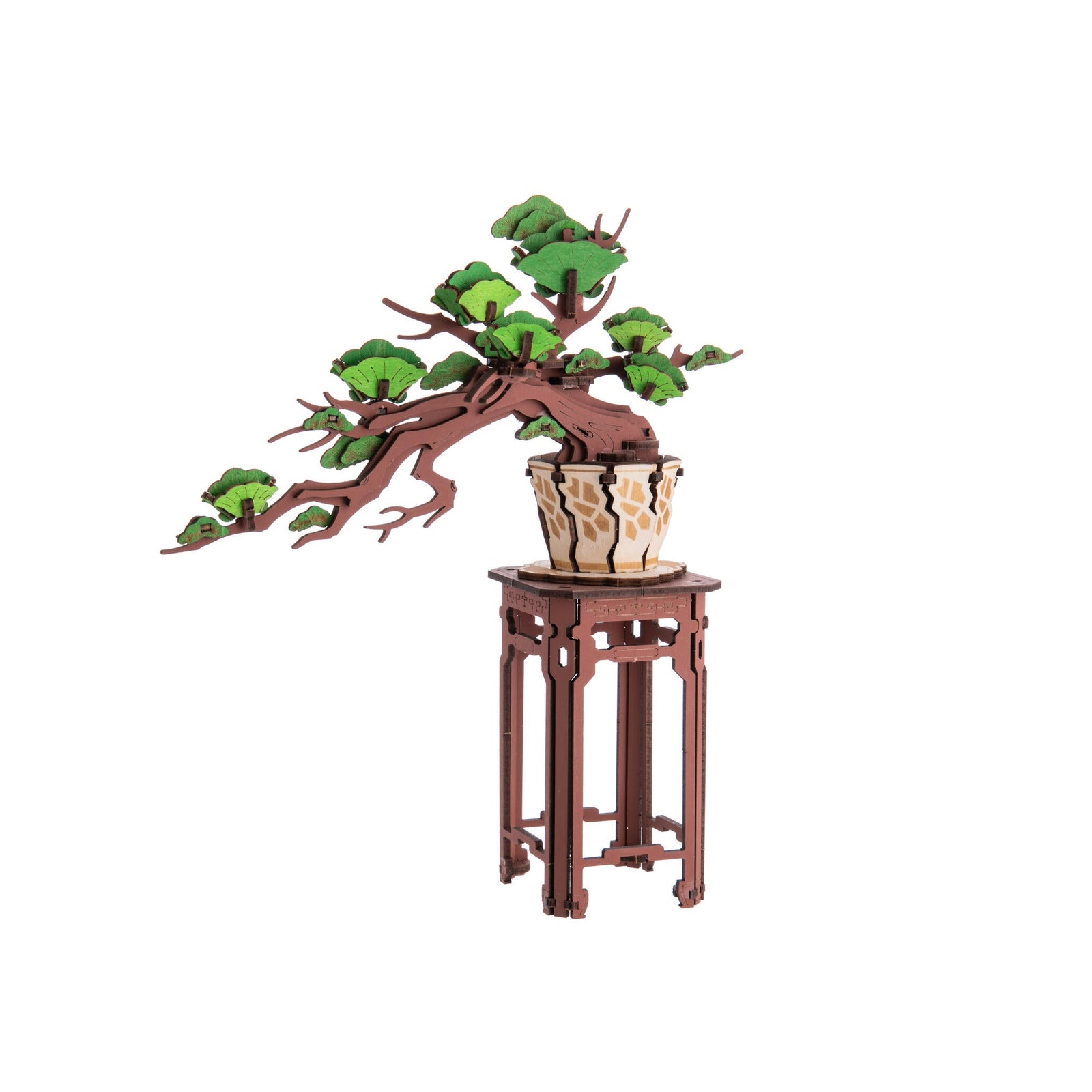 3D puzzle creation set with plant and stand next to its packaging on a white background