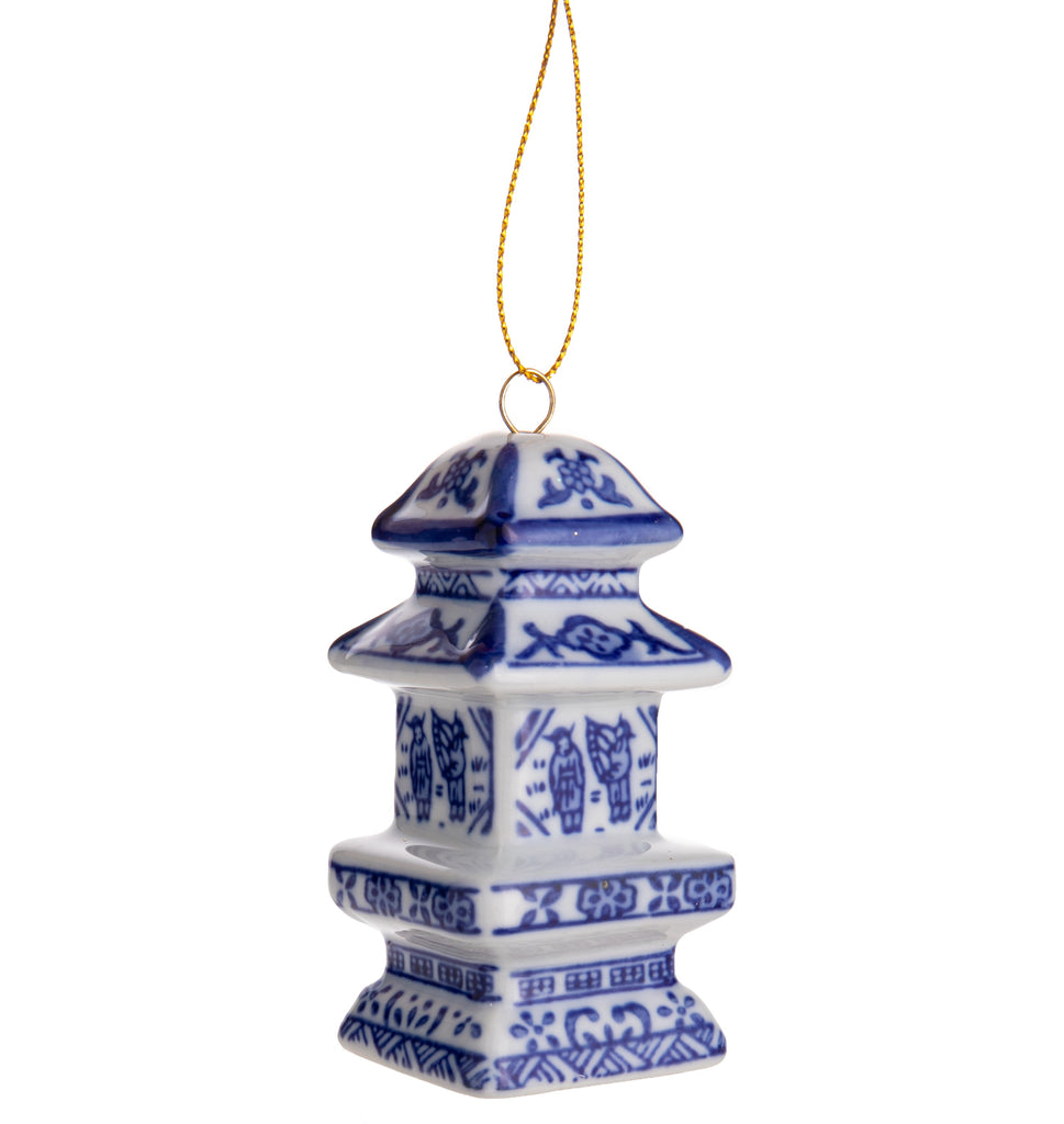 This delightful porcelain ornament features a classic blue & white design. Ginger jar style ornament, shaped like a three-tier pagoda. Dimensions: 3.75" x 1.5"