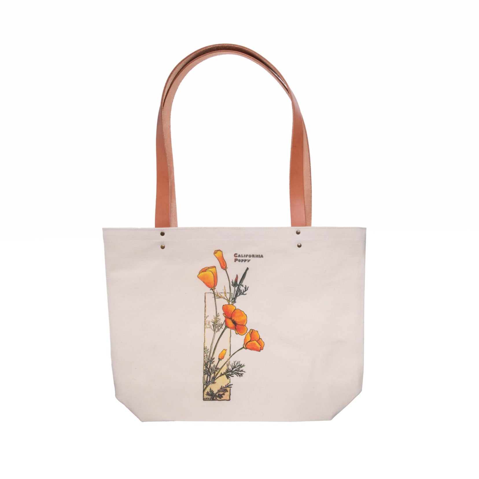 This premium quality, sturdy canvas tote features the vibrant artwork California Poppy (ca.1905) by artist Elisabeth M. Hallowell (American, 1861 - 1910). The original watercolor resides in the collections of The Huntington. The tote is constructed of heavyweight cotton canvas and has real leather straps that are riveted to the tote, making it both strong and stylish.