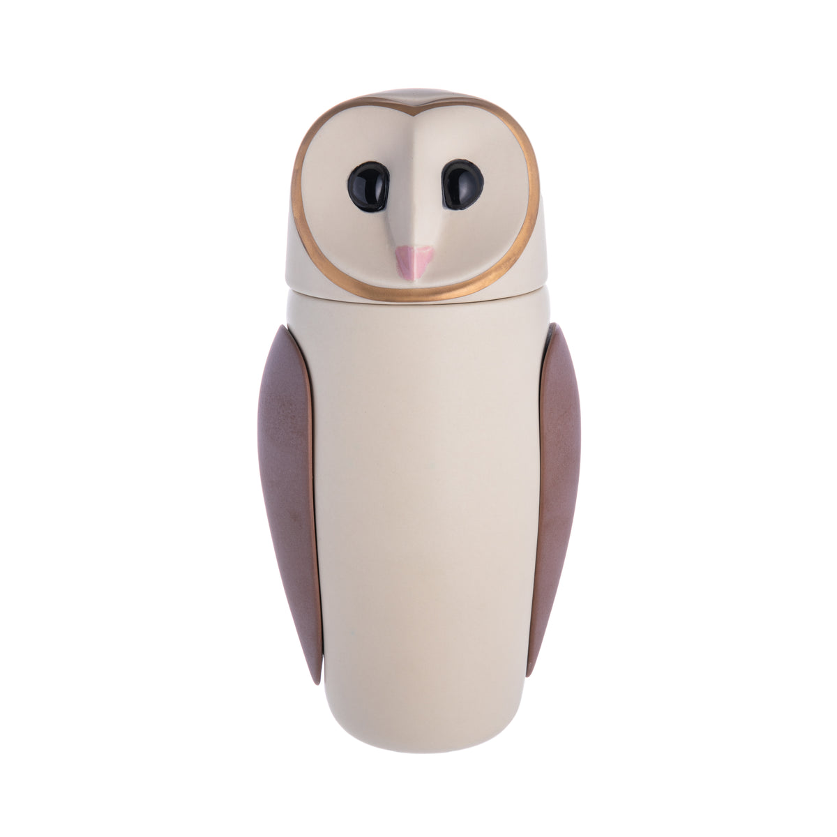 This stunning, sleek Barn Owl sculpture is a true masterpiece meticulously crafted by hand in glazed ceramic with precious metal details. This elegant and compact sculpture embodies a creature exuding extraordinary grace and finesse. Designed by the renowned Manolo Bossi. Dimensions: 10" x 5".