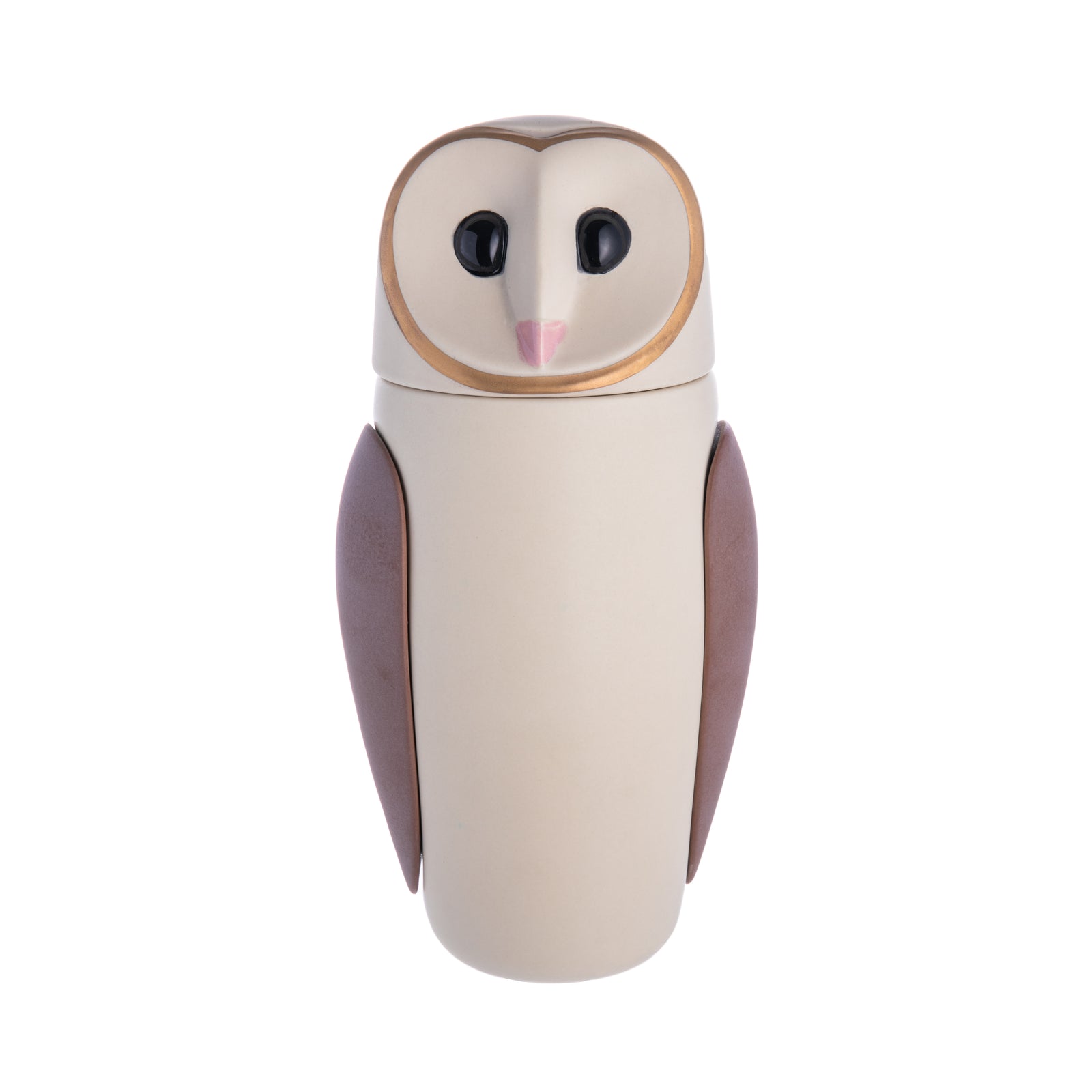 This stunning, sleek Barn Owl sculpture is a true masterpiece meticulously crafted by hand in glazed ceramic with precious metal details. This elegant and compact sculpture embodies a creature exuding extraordinary grace and finesse. Designed by the renowned Manolo Bossi. Dimensions: 10" x 5".