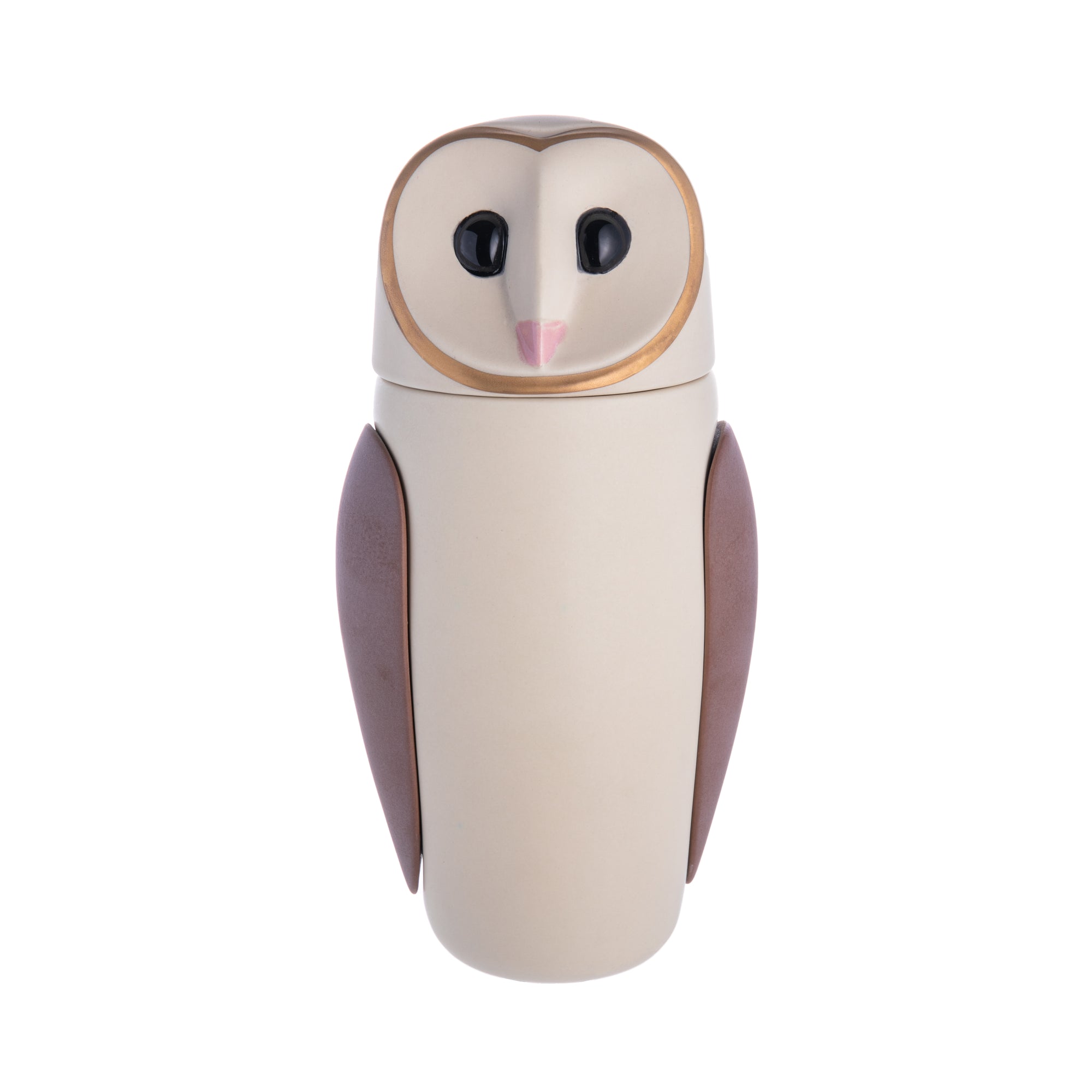 This stunning, sleek Barn Owl sculpture is a true masterpiece meticulously crafted by hand in glazed ceramic with precious metal details. This elegant and compact sculpture embodies a creature exuding extraordinary grace and finesse. Designed by the renowned Manolo Bossi. Dimensions: 10" x 5".