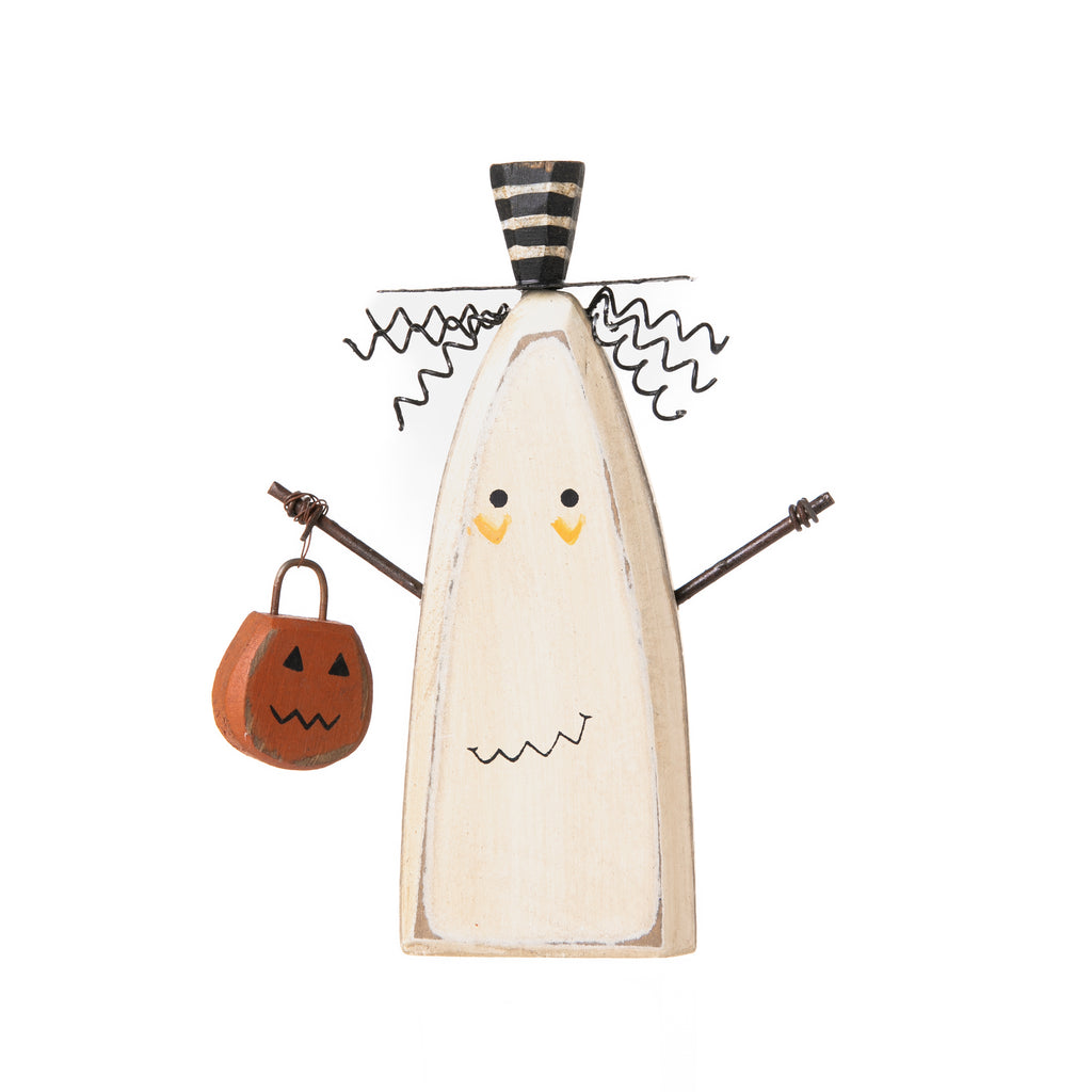 This vintage-inspired, chunky wooden ghost is a cute and spooky addition to your Halloween decor. With its cheeky facial features, hat, coiled wire hair, and jack-'o-lantern accents, this ghoulish charmer is sure to delight rather than fright, your guests. Materials: Wood, wire. Hand painted. Size: 4.50" x 6" x 1.25".