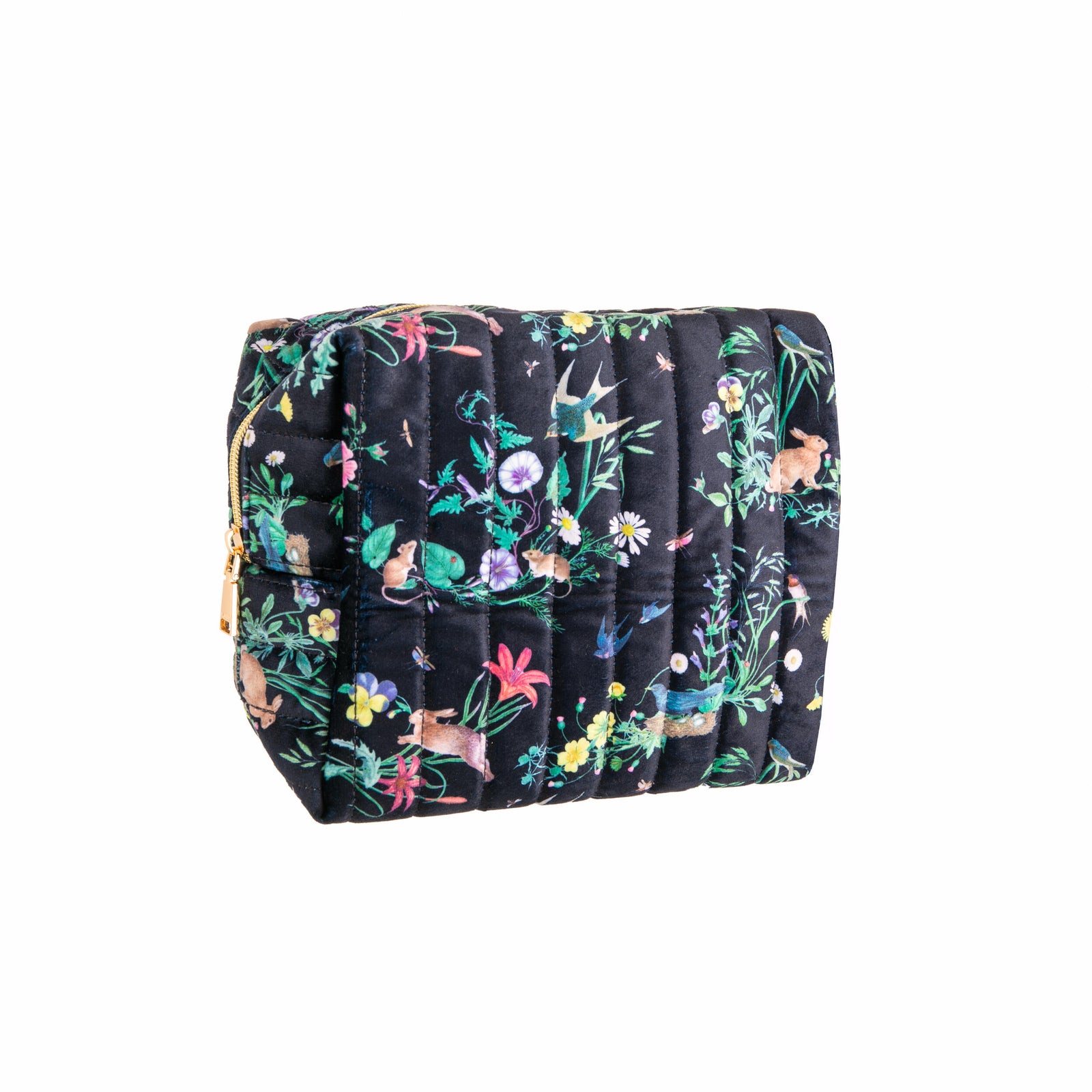 Add a little luxury to your travel essentials with this Running Bunny Large Velvet Cosmetic Bag. This pouch, featuring a garden variety of furry and feathered friends, offers a velvet finish for an elegant and tactile way to store your cosmetics—a perfect blend of beauty and functionality.
