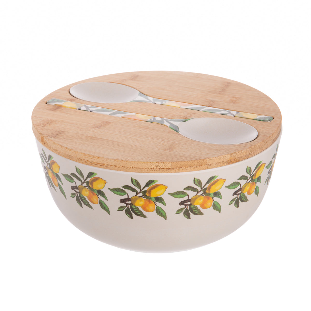 This delightful salad bowl set is both pretty and practical. The bowl has a bamboo lid so that you can cover up your salad when needed. Two matching serving spoons fit neatly in the lid, making this the perfect set for picnics, barbecues and more! 4-Piece Set: Salad Bowl, Lid and Two Serving Utensils. 9.75&quot; Diameter.