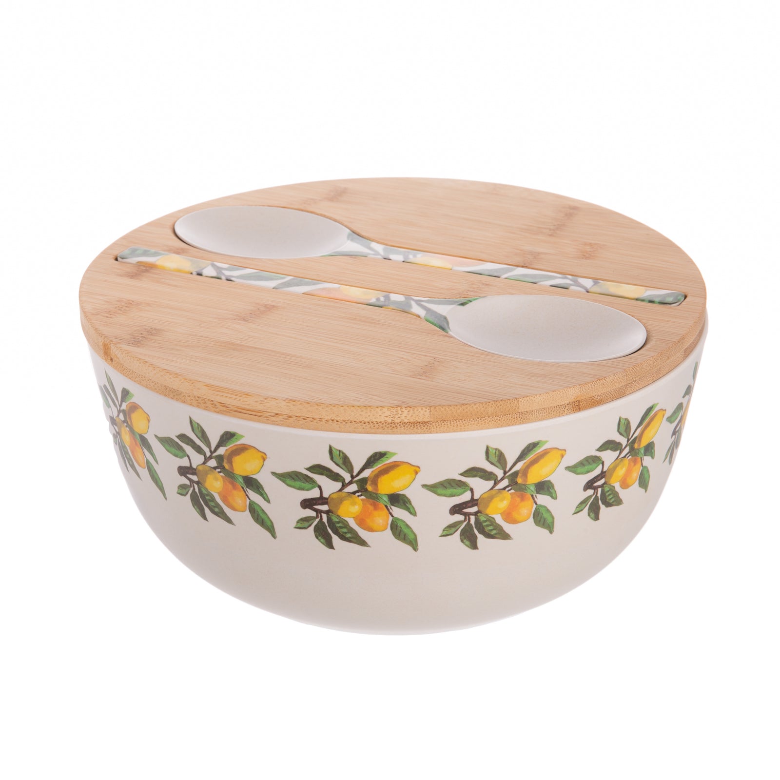 This delightful salad bowl set is both pretty and practical. The bowl has a bamboo lid so that you can cover up your salad when needed. Two matching serving spoons fit neatly in the lid, making this the perfect set for picnics, barbecues and more! 4-Piece Set: Salad Bowl, Lid and Two Serving Utensils. 9.75" Diameter.