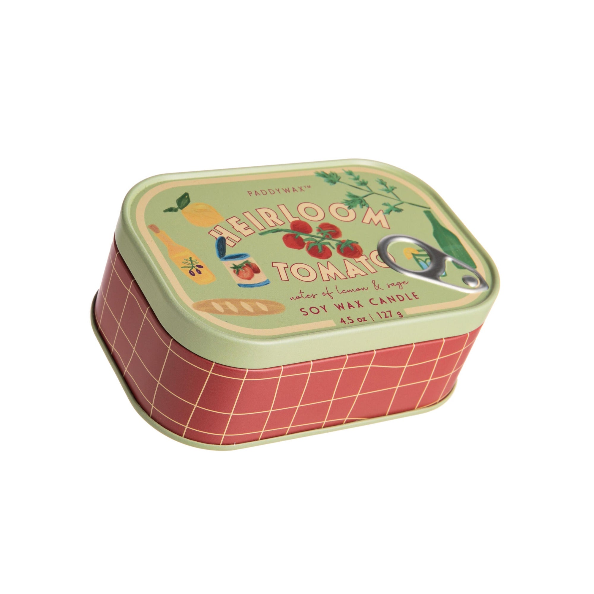 Rectangular tin with 'Heirloom Tomato' label on a white background