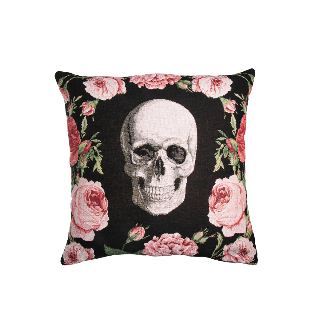 This tapestry-style pillow cover features a very striking skull adorned with gorgeous pink roses. Woven by artisans in France, this pillow cover is sure to make a statement. Pillow insert included but is not pre-assembled Dimensions: Approx. 19" x 19" Material: 72% Cotton, 25% Viscose, 3% Polyester Made in France