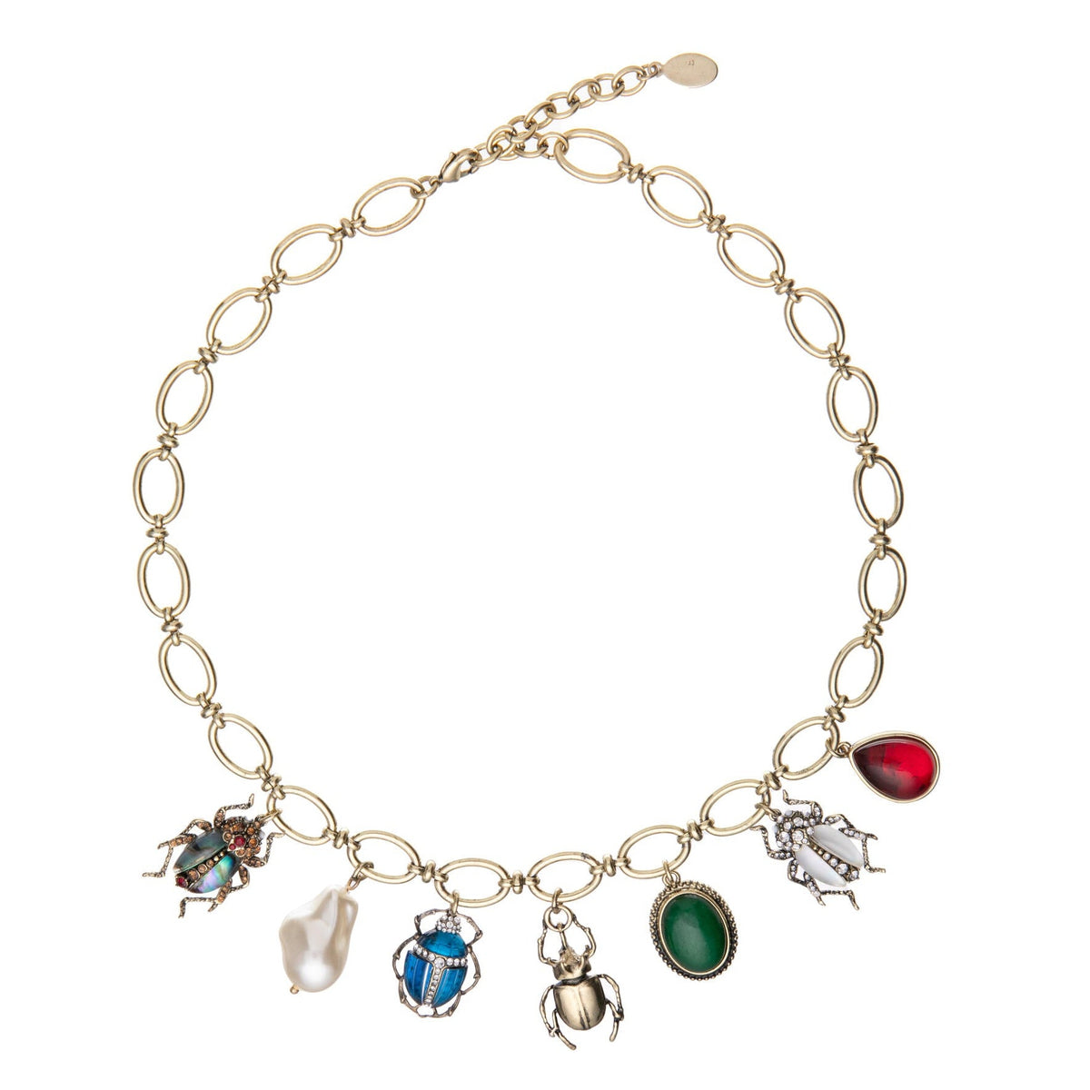 Gold necklace with various bug charms on a white background