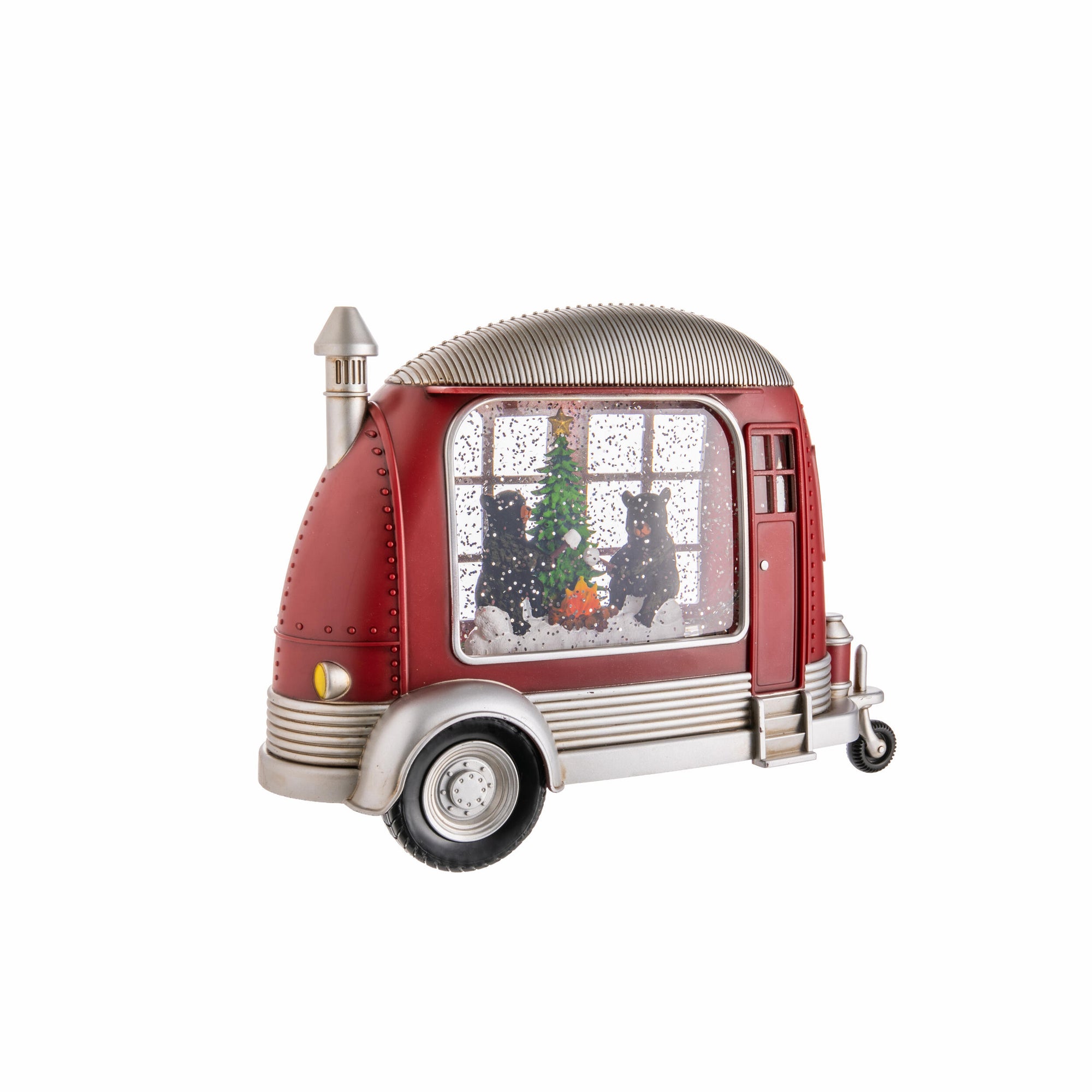 Red and silver trailer-shaped snowglobe with bears and a Christmas tree inside on a white background