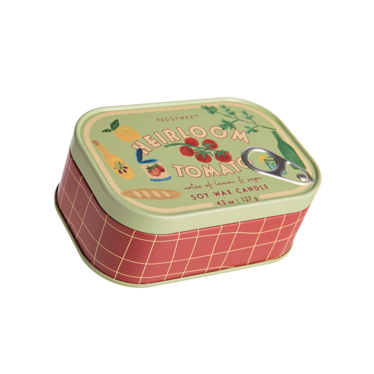 Rectangular candle in a tin with 'Heirloom Tomato' label on a white background