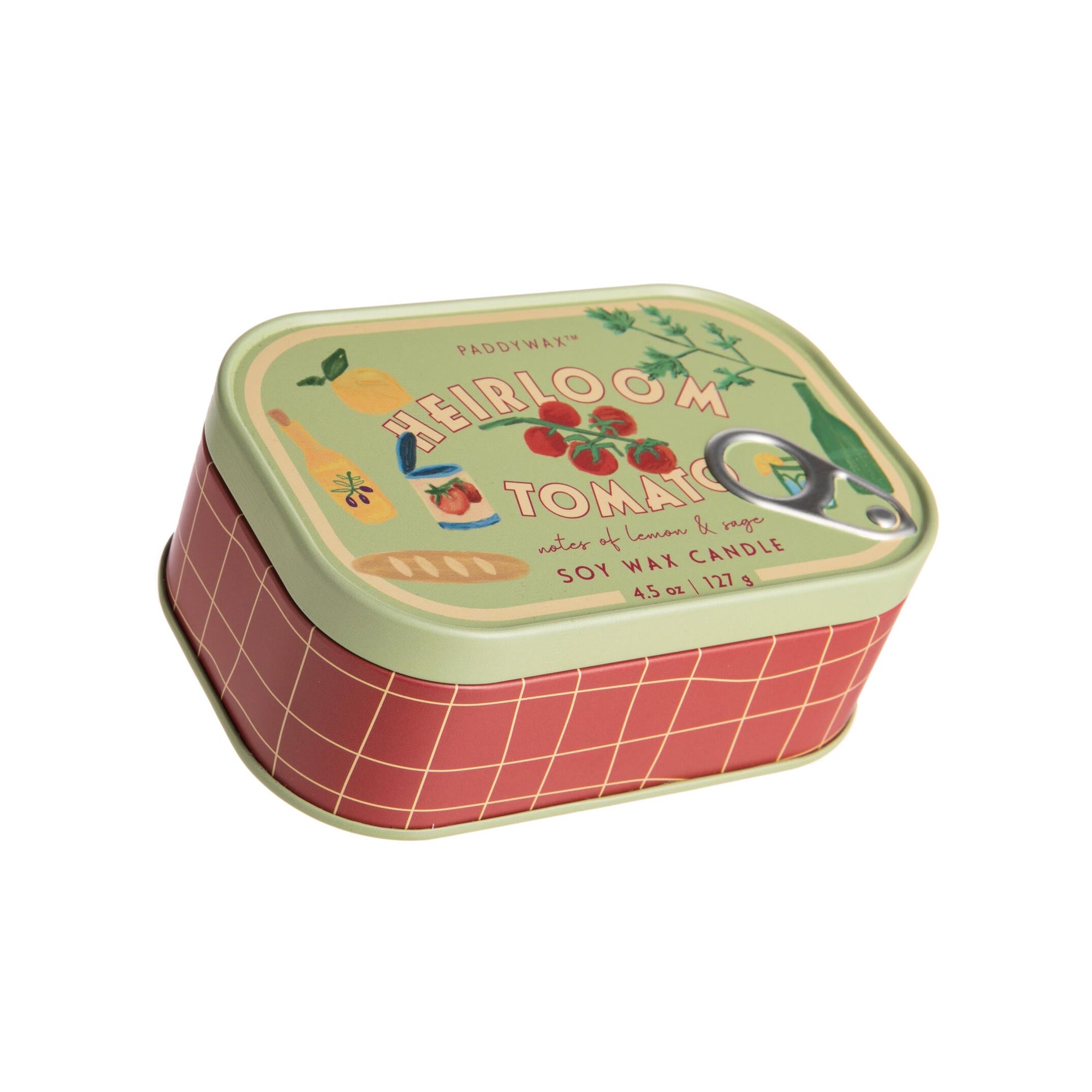 Rectangular candle in a tin with 'Heirloom Tomato' label on a white background