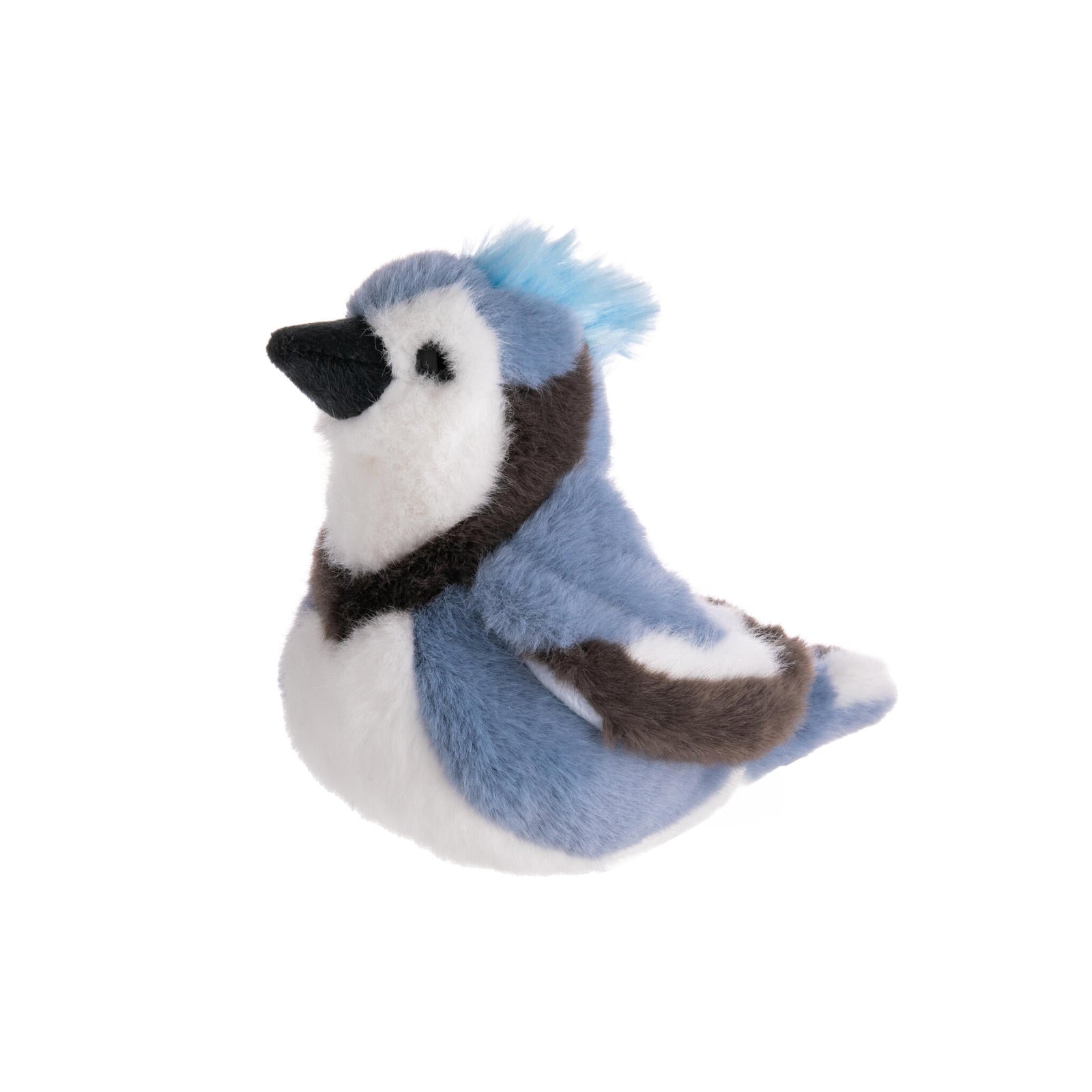 Plush toy of a blue jay bird on a white background