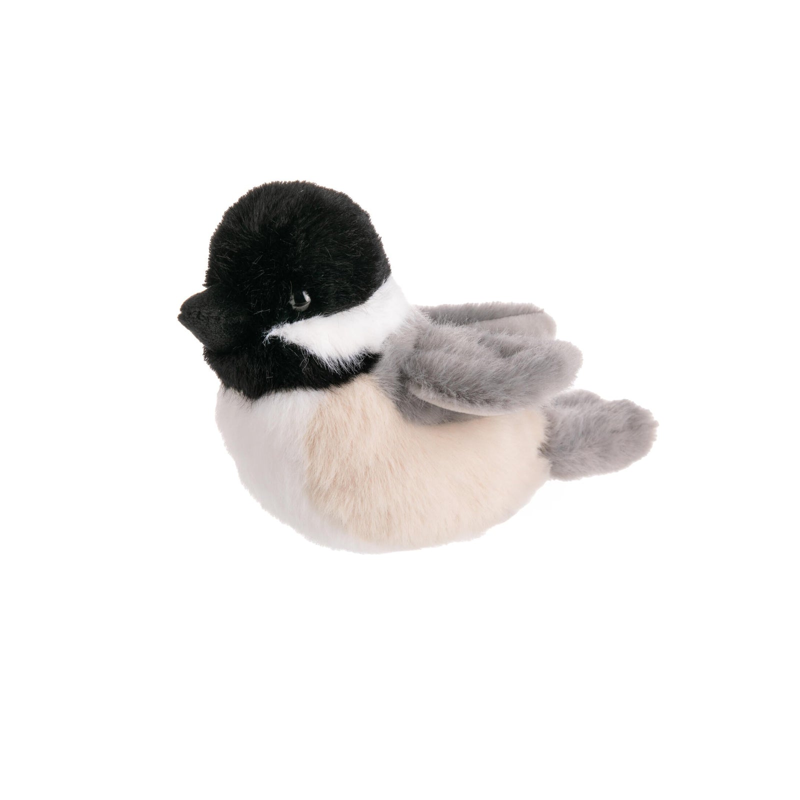 Plush toy Chickadee bird with black head, white chest, and gray wings on a white background