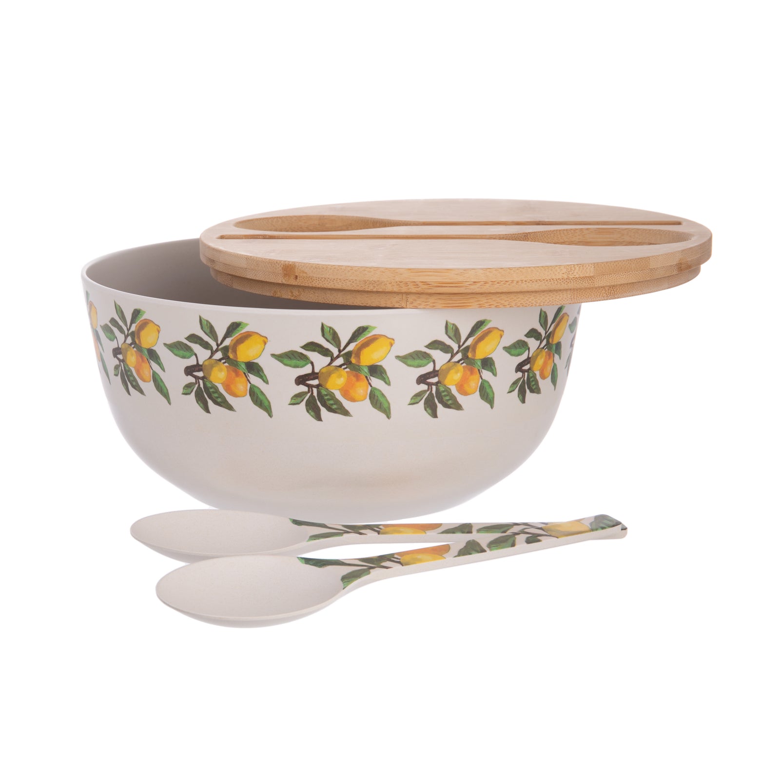 This delightful salad bowl set is both pretty and practical. The bowl has a bamboo lid so that you can cover up your salad when needed. Two matching serving spoons fit neatly in the lid, making this the perfect set for picnics, barbecues and more! 4-Piece Set: Salad Bowl, Lid and Two Serving Utensils. 9.75" Diameter.