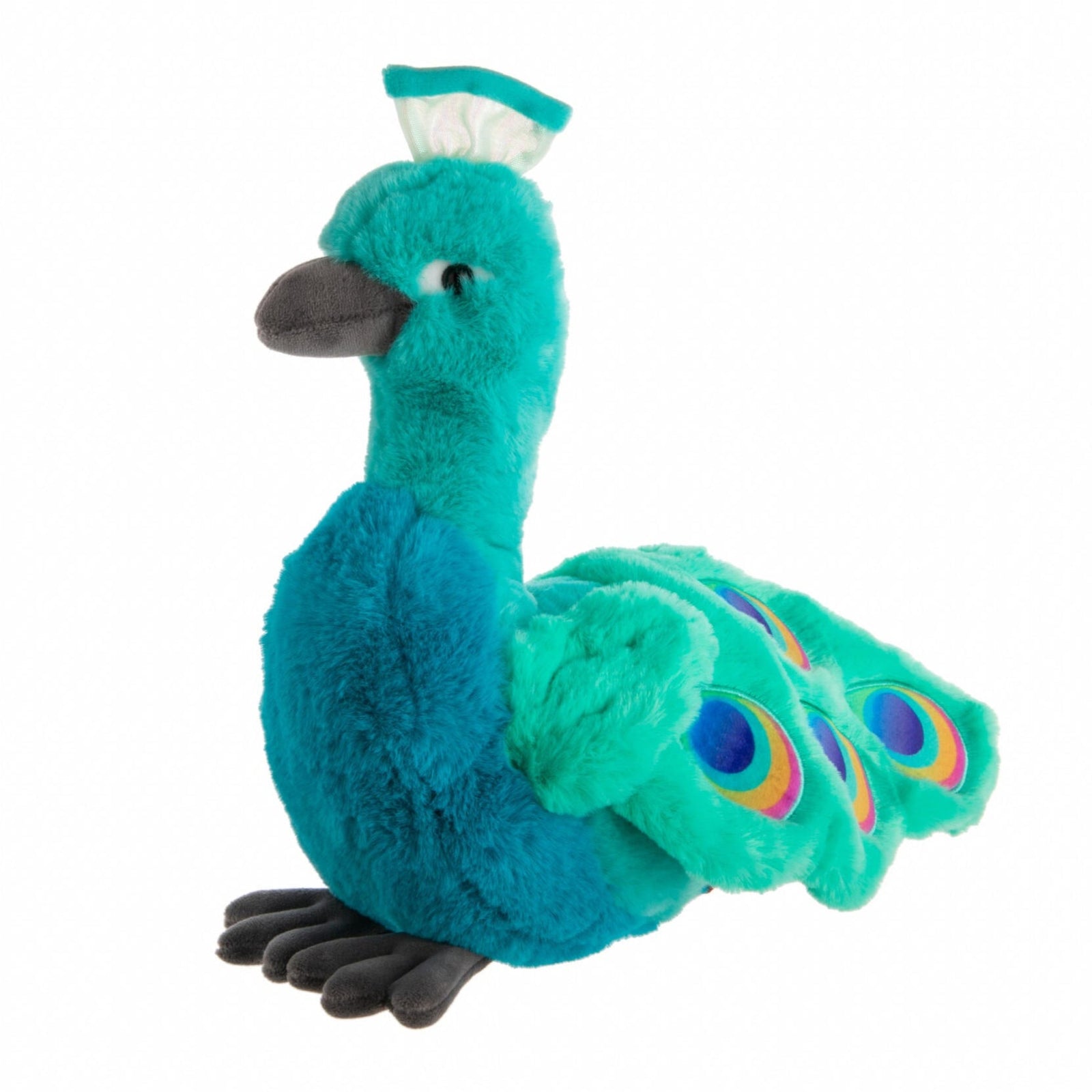 Plush peacock toy on a white background