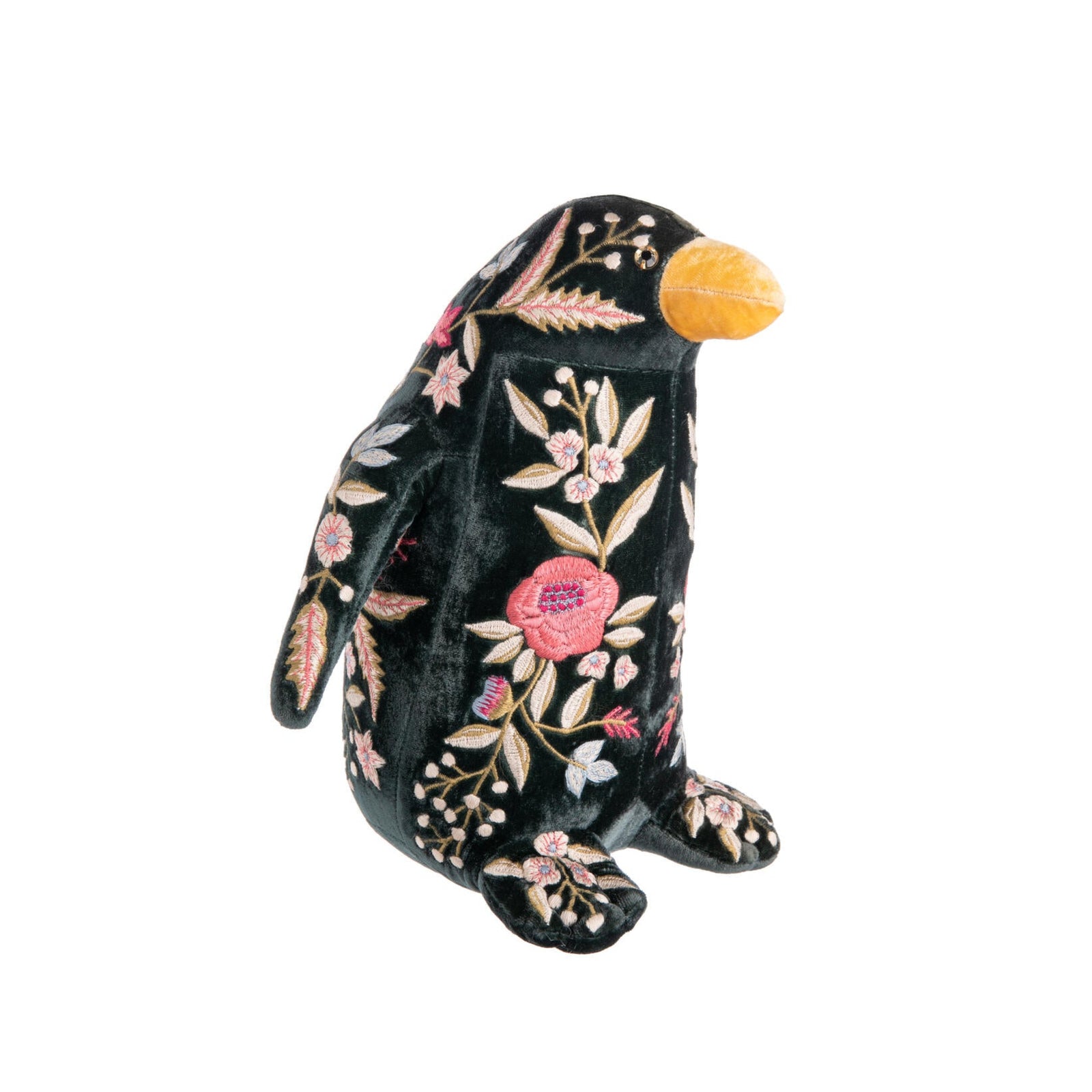 Add a touch of whimsy to your life with this adorable, richly embroidered, hand-dyed, silk velvet Penguin plush. You can use this cutie as a home decor piece, a finishing touch to a nursery, or a unique gift. This adorable plush was created by Anke Drechsel, a German designer who is renowned for her hand-embroidered home textiles and accessories. She uses high-quality fabrics, and her exclusive designs are individually embroidered on the frame, piece by piece, in her atelier by master craftspeople. 