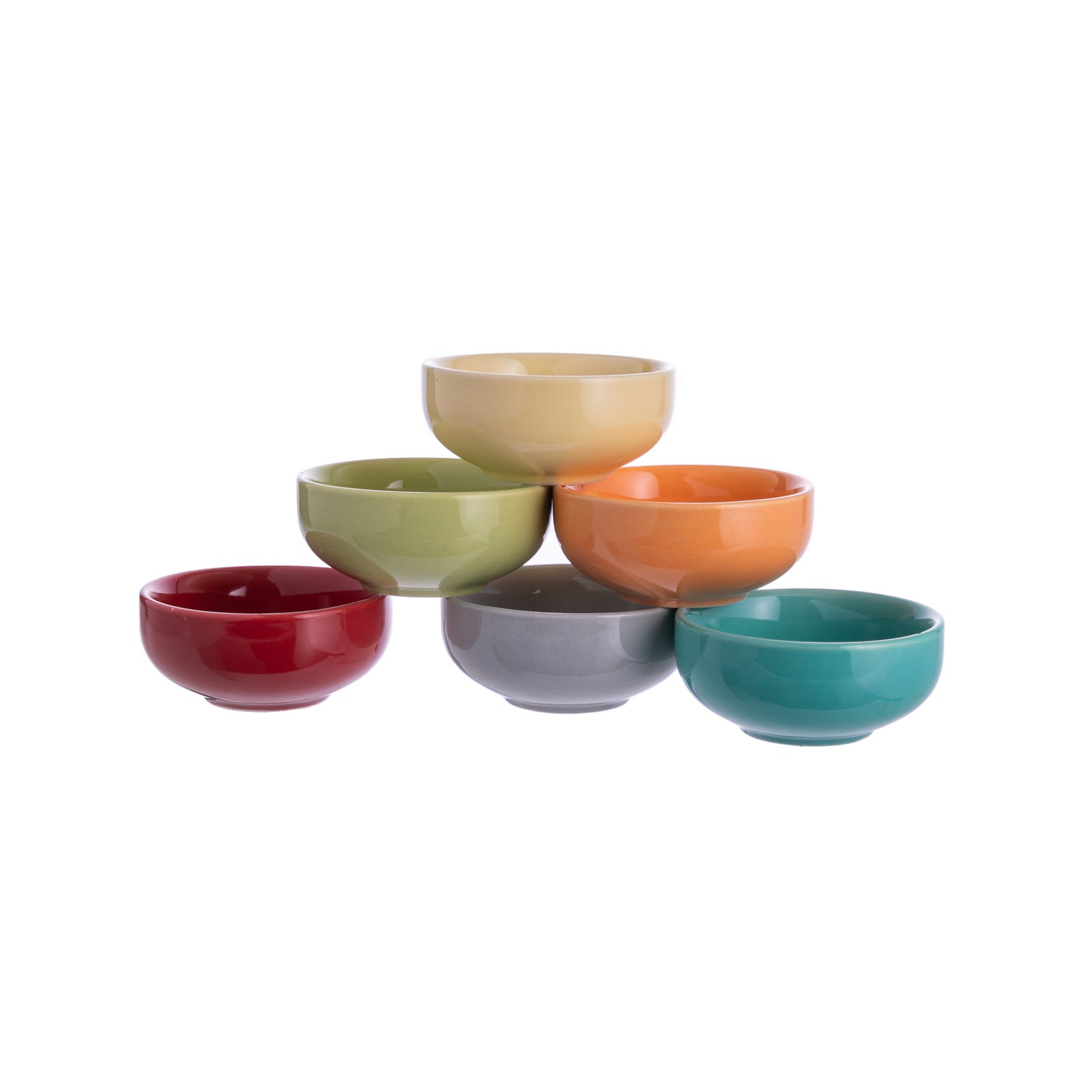 This set of six multiuse 2 oz. mini bowls is perfect for prepping and sorting ingredients, as well as serving small quantities of sauces, dips, spices, and condiments. Made from lightweight stoneware, these colorful compact sized bowls combine durability with a sleek aesthetic. 3" x 1.25" Microwave and dishwasher safe