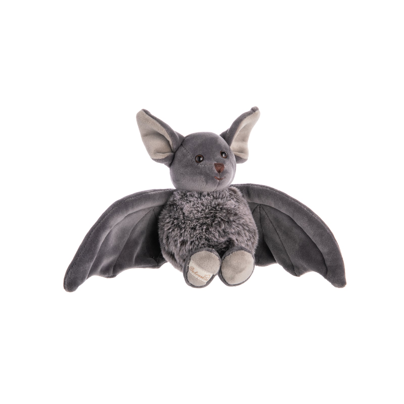 A plush toy resembling a gray bat with soft wings, designed for cuddling.