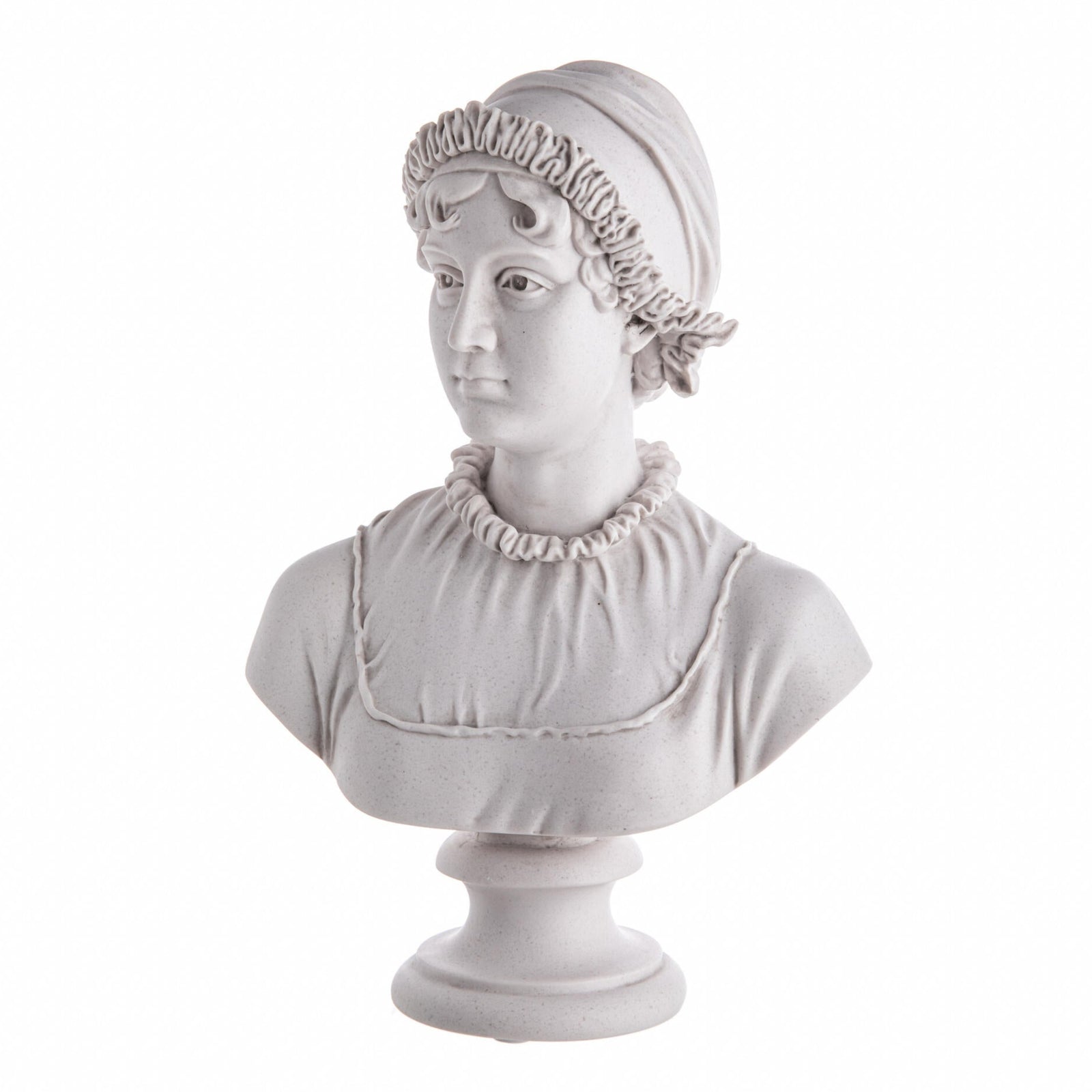White marble bust sculpture of Jane Austen on a white background