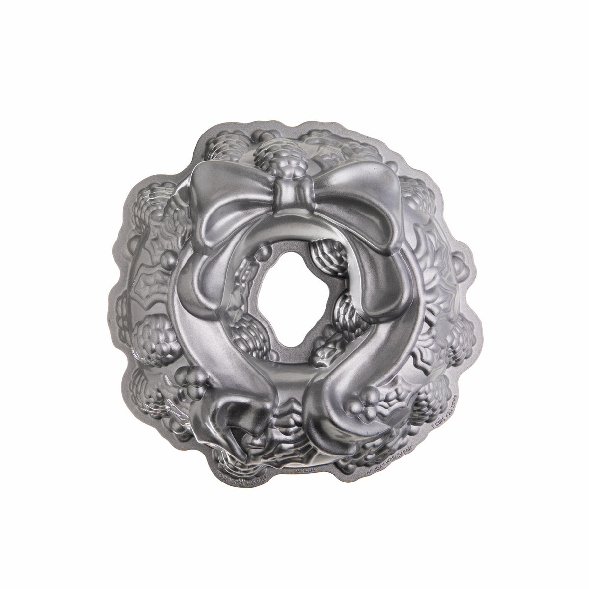 Decorative silver wreath with a bow on a white background