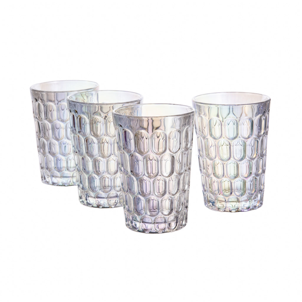 Add a touch of iridescent glamor to your table setting with these light-catching tumblers. The magical finish makes these tumblers the perfectly sophisticated way to enjoy your favorite drinks. Elegant enough to use for a special event, yet durable enough to use for every day. 12 oz drinking glasses - set of four.