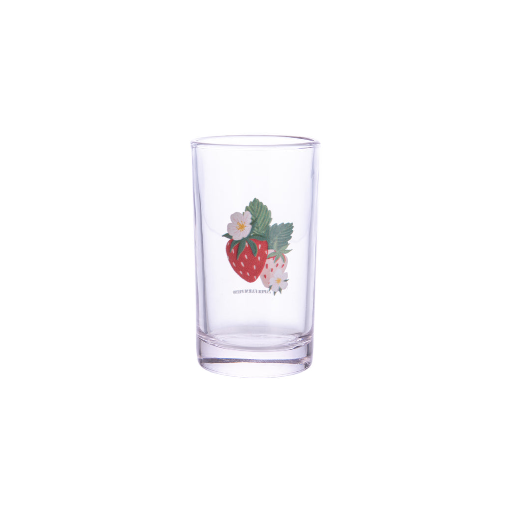 Perfectly sized for serving your favorite juices, smoothies and more, this mini juice glass adds a touch of charm to any occasion. Whether you're enjoying breakfast or hosting a gathering with friends, the Strawberry Patch Mini Juice Glass is sure to spark joy and conversation. Size: 6 oz, 4" x 2.25". Handwash only.