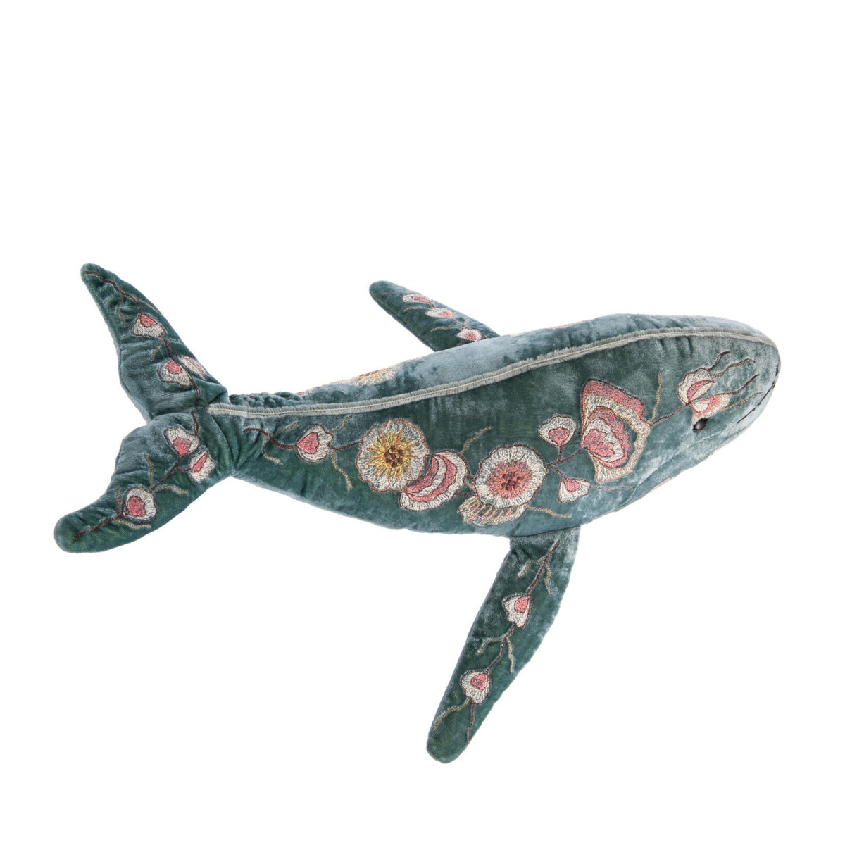 Elevate your nursery space, office, garden room, and more with this adorable, richly embroidered, hand-dyed, silk velvet whale plush. You can use this marvelous mammal as a home decor piece, a finishing touch to a child&#39;s room, or a unique gift. This adorable plush was created by Anke Drechsel, a German designer who is renowned for her hand-embroidered home textiles and accessories.