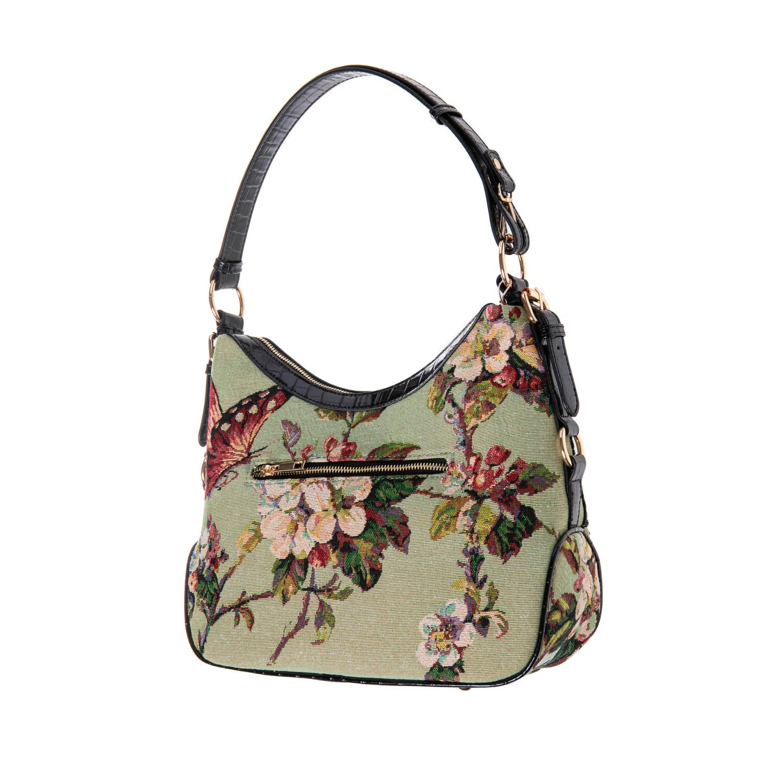This wonderfully pretty beaded purse has a distinctively vintage feel. It features high-quality fabric, a croc-print handle, and hand-beaded details. The adjustable strap makes it easy and comfortable to carry in your hand or on your shoulder. Features include outside and inside zippered pockets and two interior slip pockets to store your daily necessities safely. Material: Cotton, poly, beads, metal Dimensions: 13.5" x 12" x 4" Adjustable strap PETA-certified Vegan materials