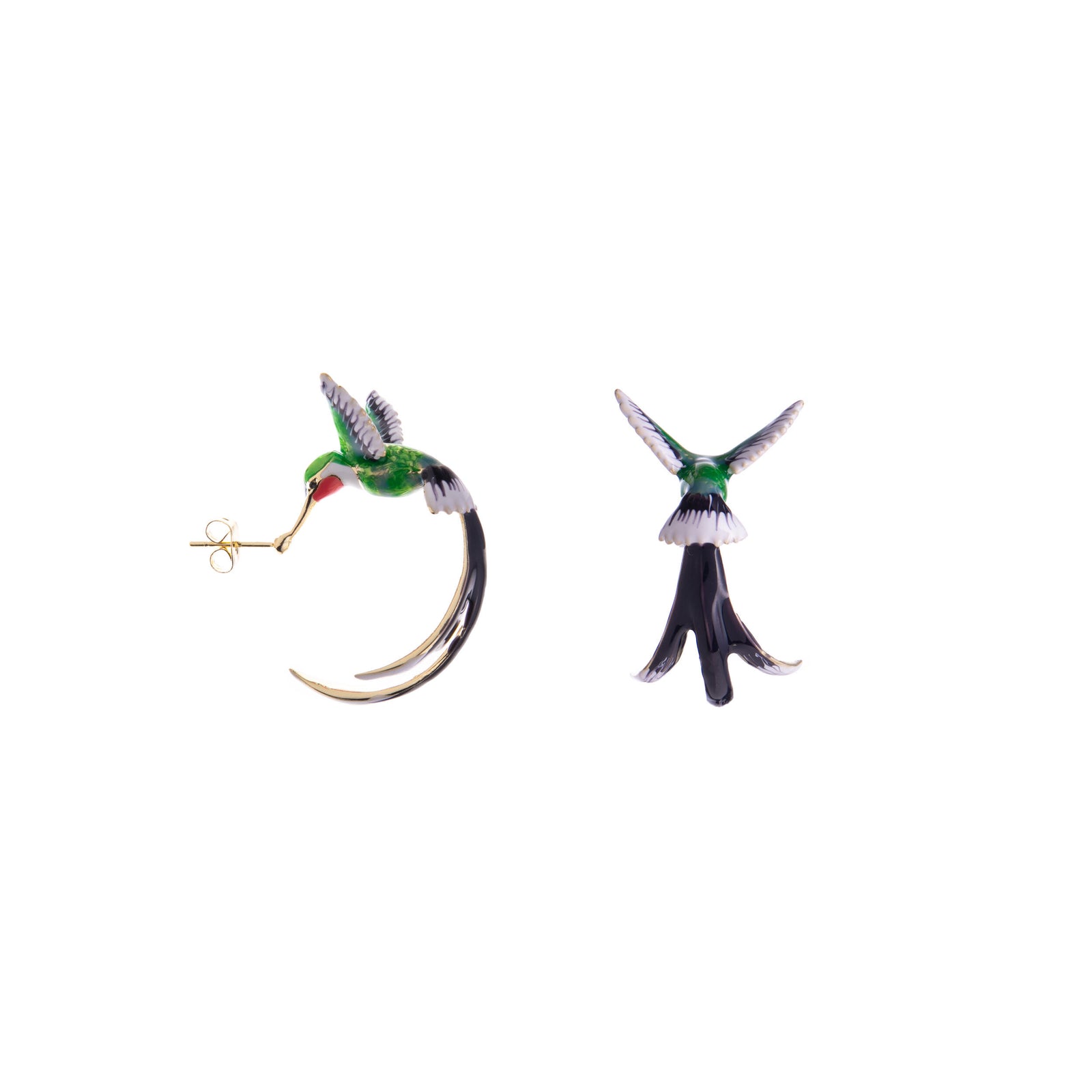 These hummingbird hoop earrings will add a touch of whimsy to your look. Their playful design captures the essence of these delicate creatures in flight. 