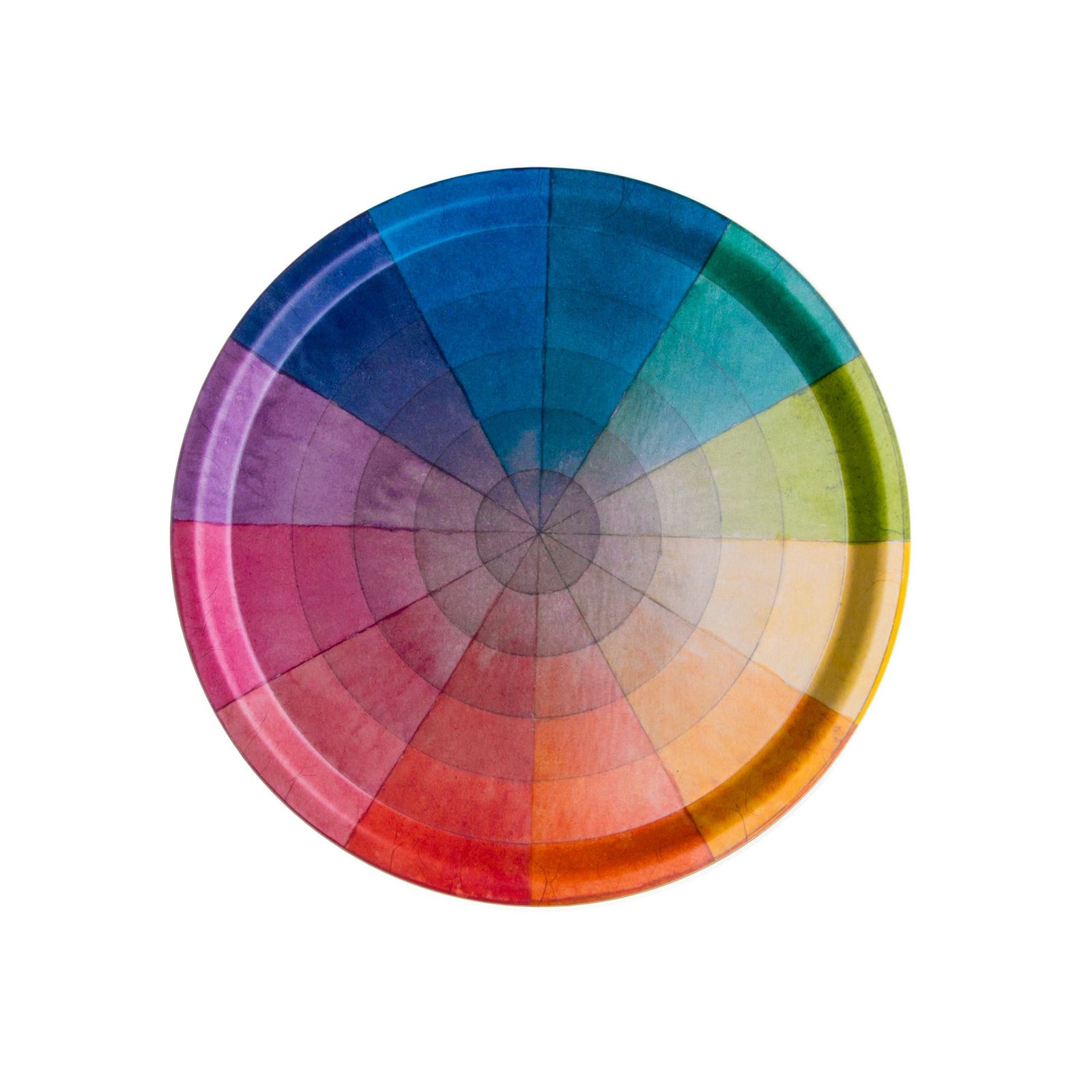 Serve in technicolor! Handcrafted in Sweden using birchwood certified by the Forest Stewardship Council (FSC), this round serving tray features a charming reproduction of Philipp Otto Runge's color wheel and is the perfect way to add personality into your home. Food-safe. Material: Birchwood Gicleé printed with water-based inks Circumference: 12"