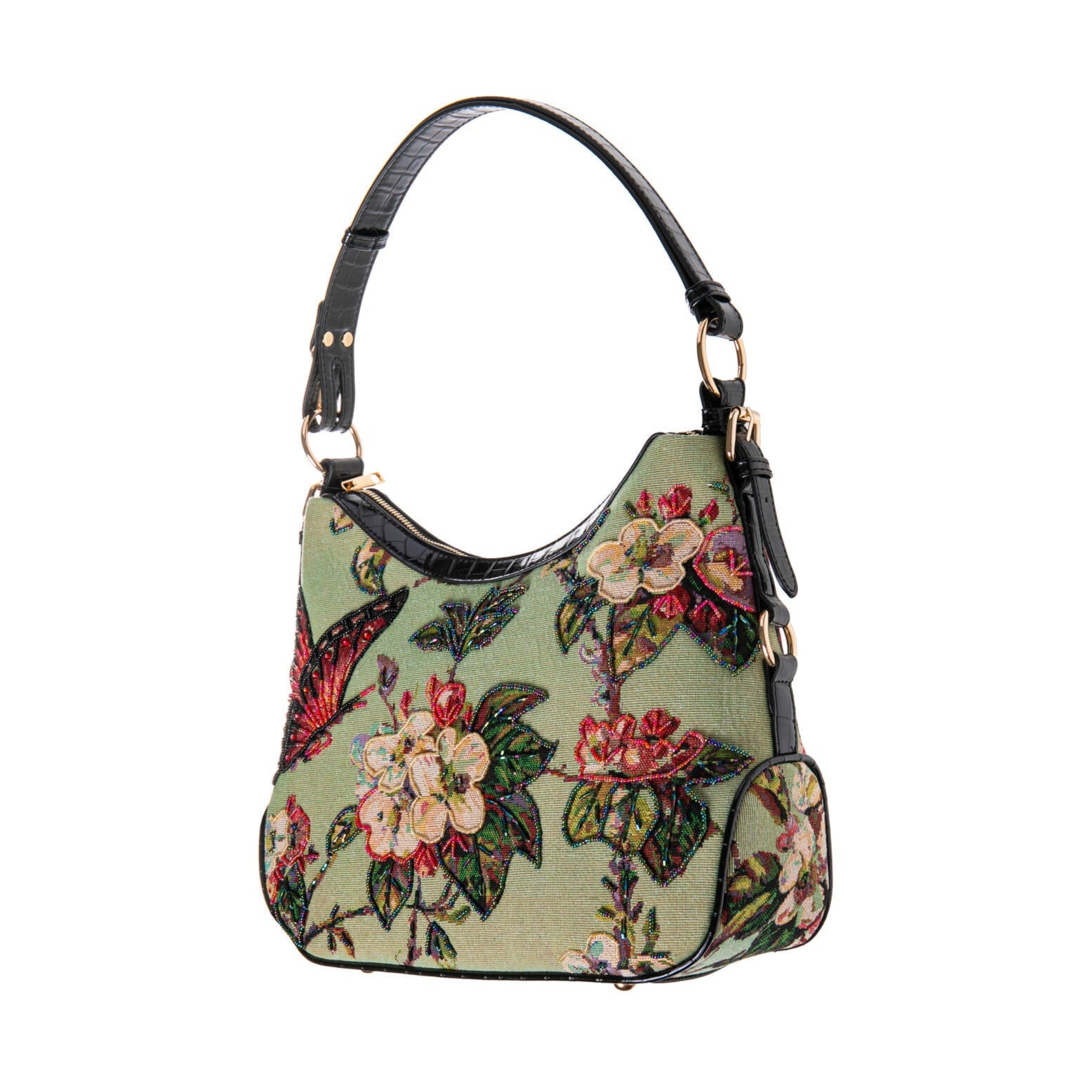 This wonderfully pretty beaded purse has a distinctively vintage feel. It features high-quality fabric, a croc-print handle, and hand-beaded details. The adjustable strap makes it easy and comfortable to carry in your hand or on your shoulder. Features include outside and inside zippered pockets and two interior slip pockets to store your daily necessities safely. Material: Cotton, poly, beads, metal Dimensions: 13.5" x 12" x 4" Adjustable strap PETA-certified Vegan materials