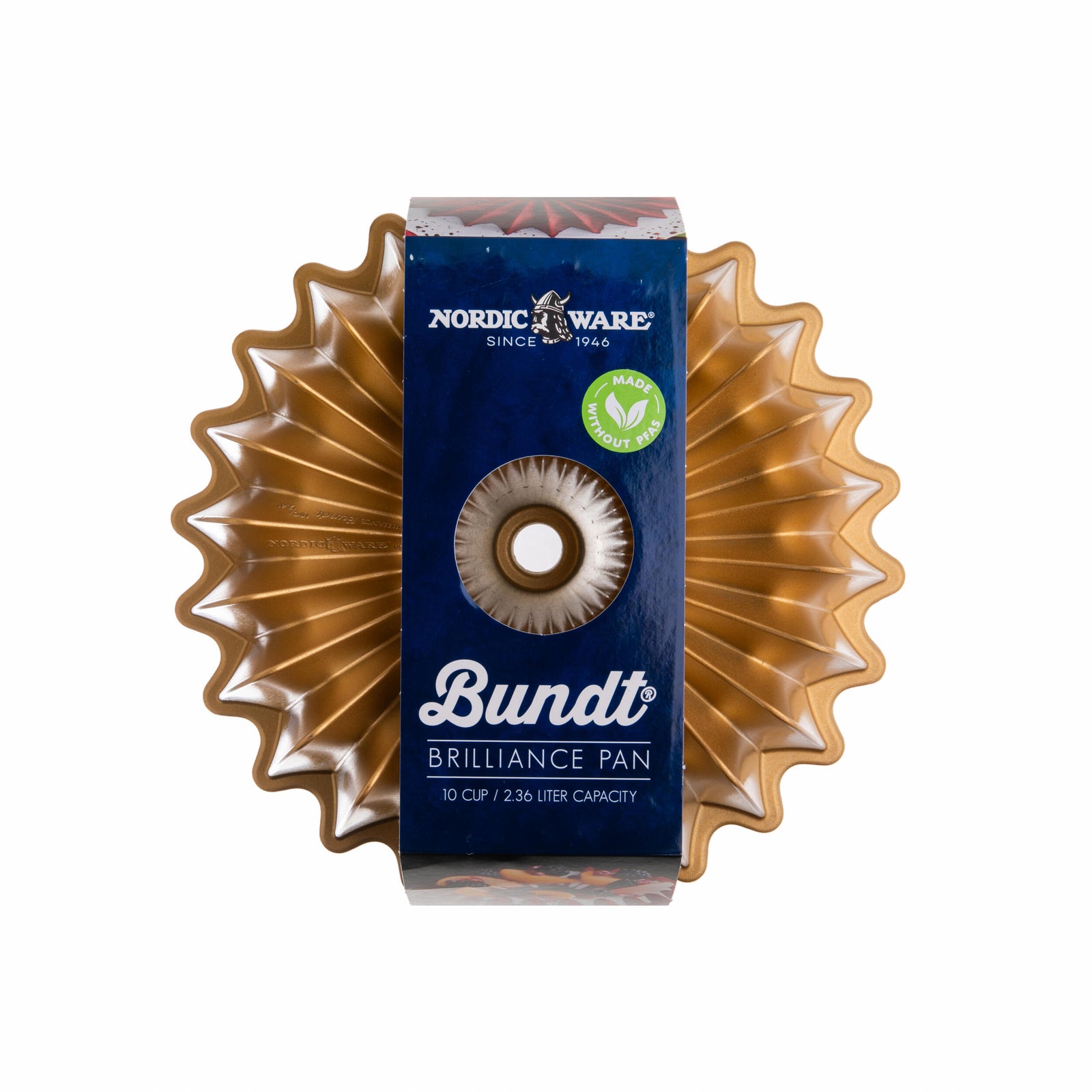 Sunburst shaped gold colored bundt baking pan on a white background.